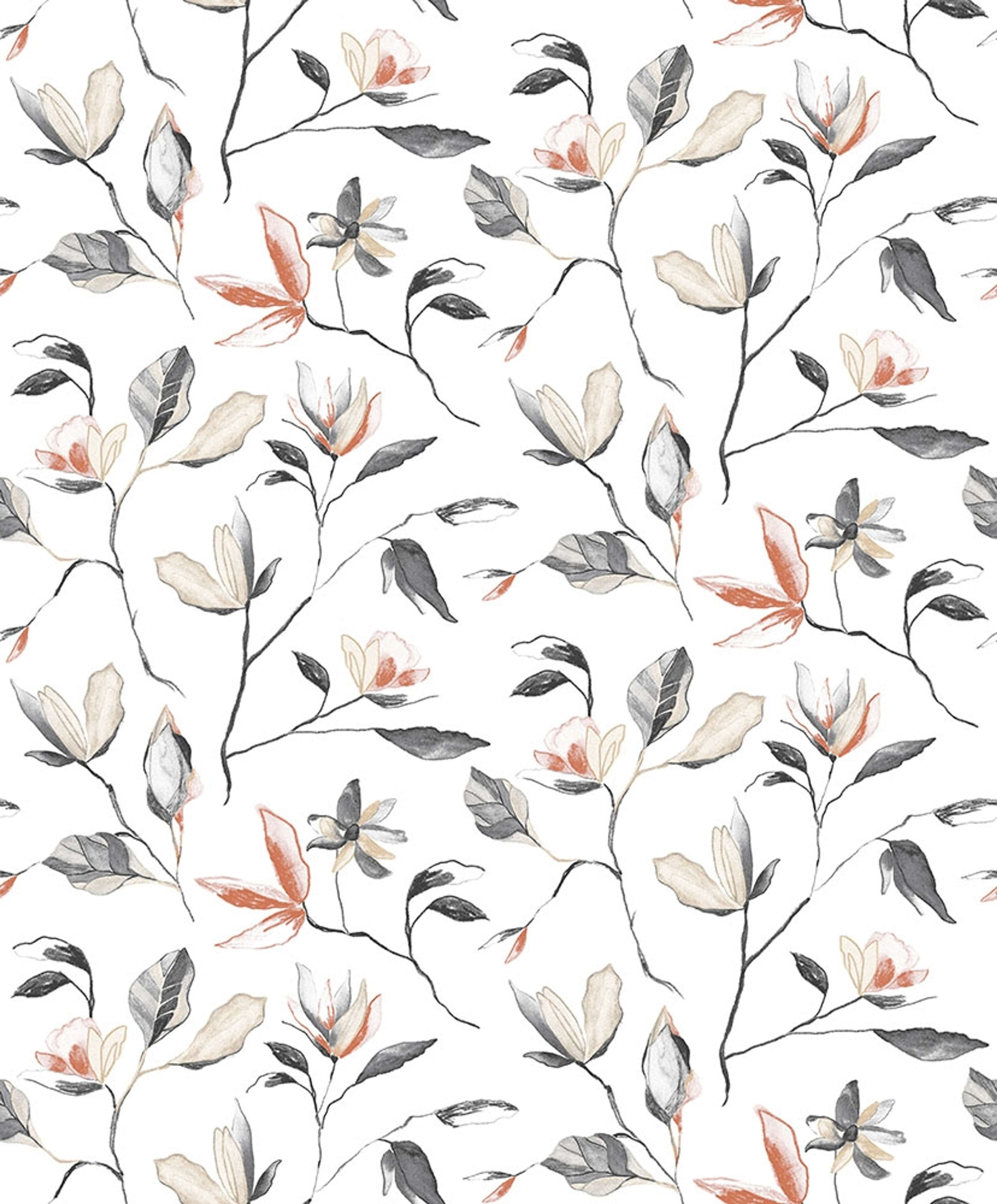 Blooming, orange tapet tapet med botaniskt mönster i vit. Från kollektionen Aquila. Nonwoven-material med förskjuten passning.