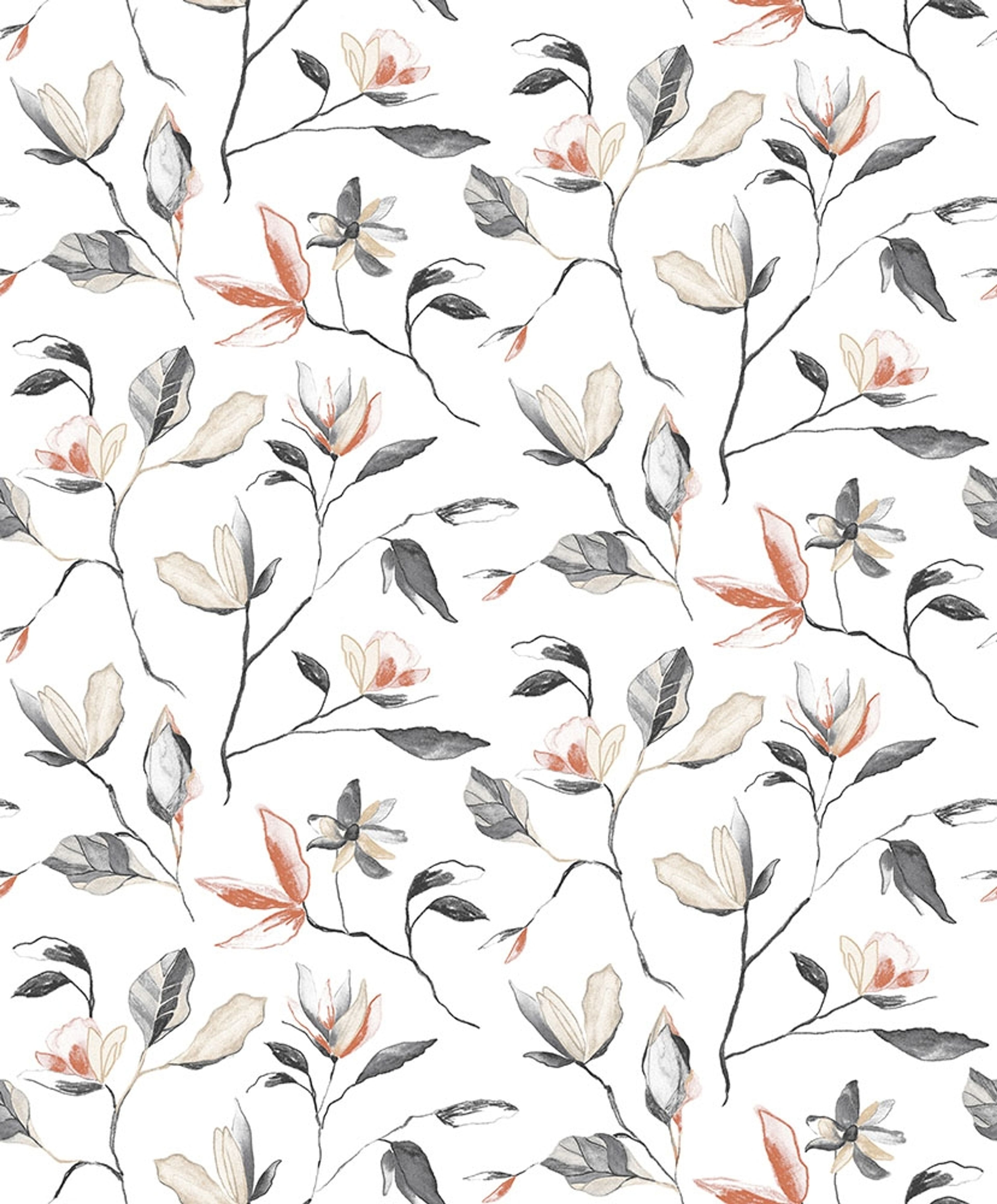 Blooming, orange tapet tapet med botaniskt mönster i vit. Från kollektionen Aquila. Nonwoven-material med förskjuten passning.