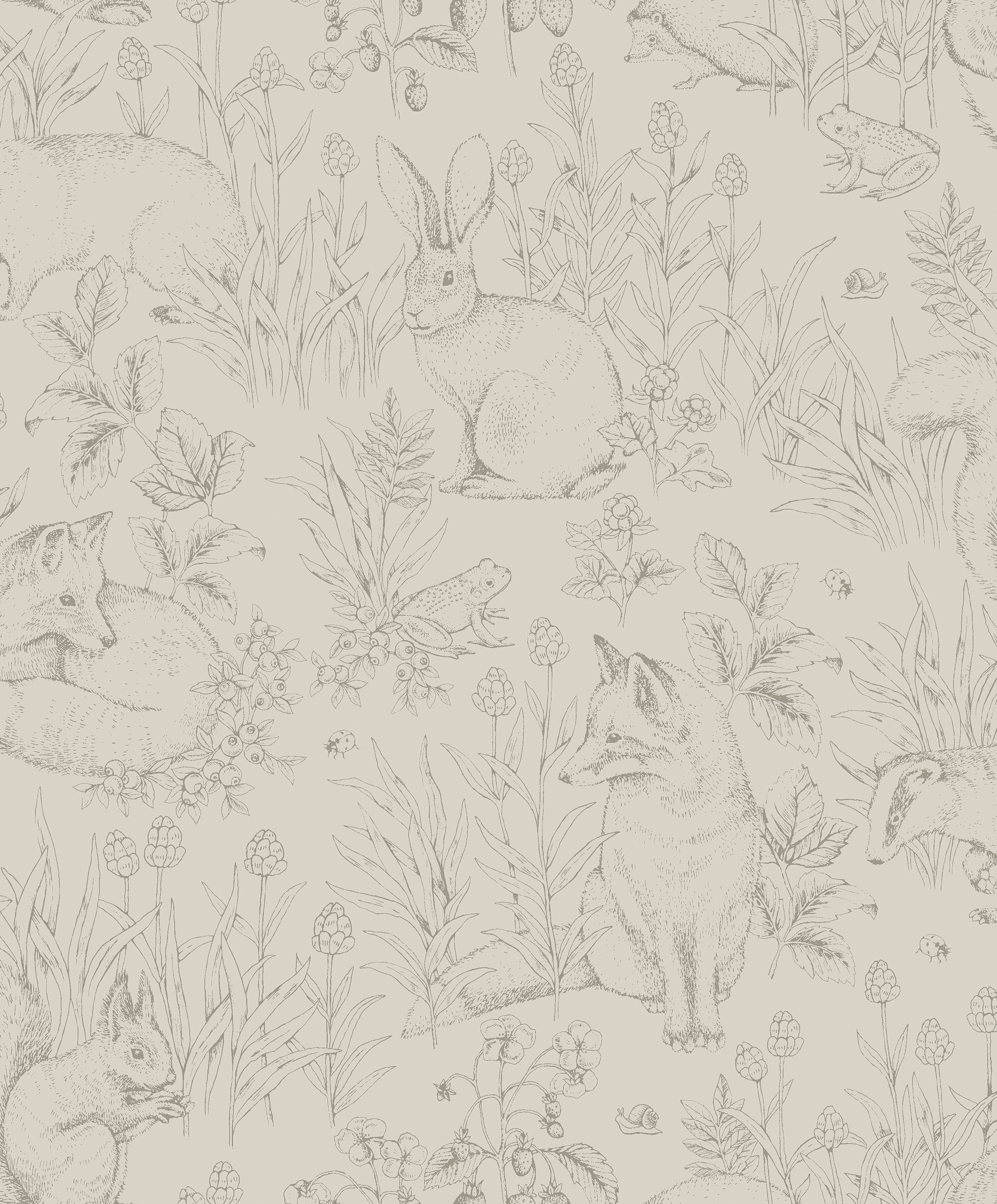 Forest Friends beige, tapet tapet med djur, barnrum mönster i beige. Från kollektionen Newbie II Wallpaper. Nonwoven-material med förskjuten passning. Passar i barnrum.