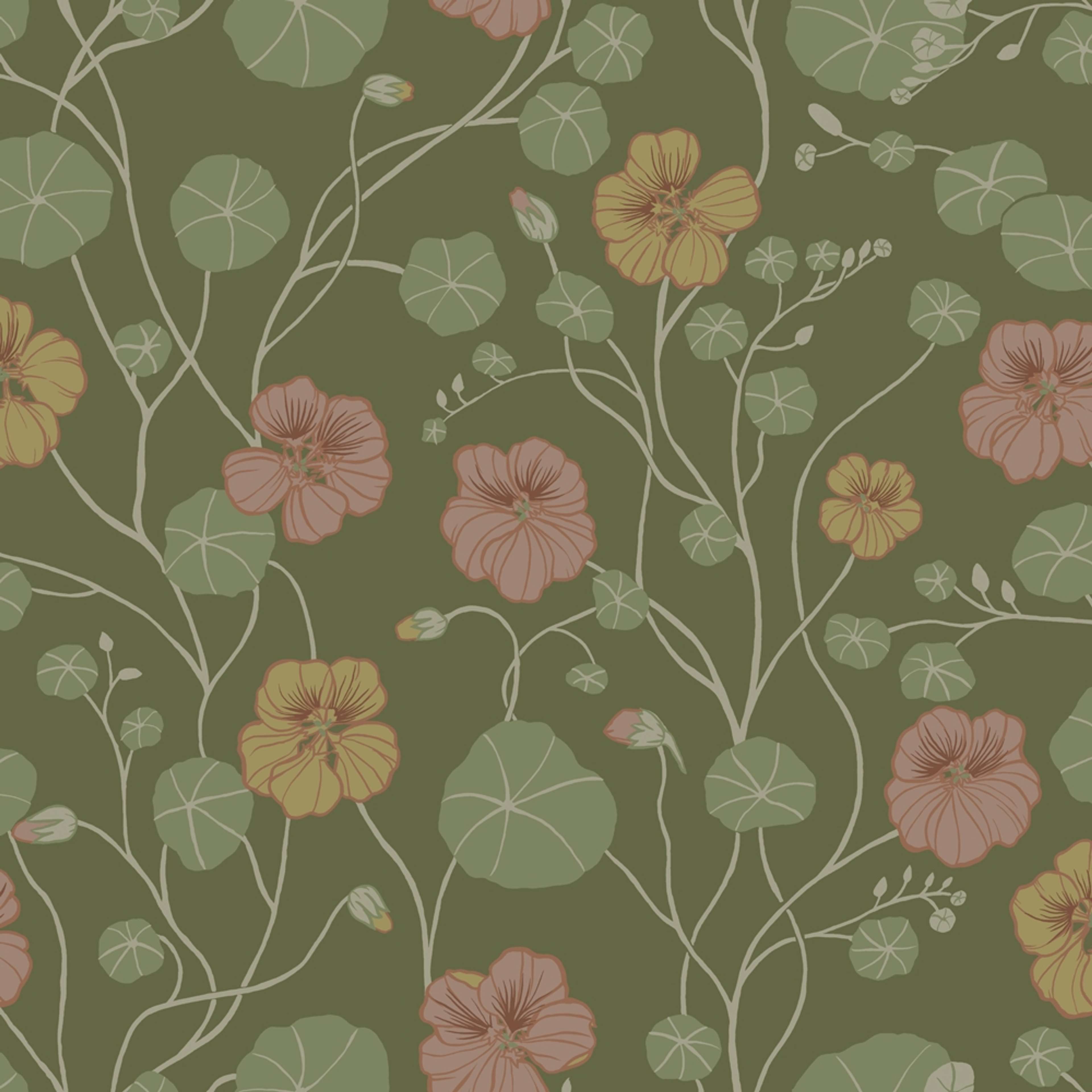 Krasseslinga, mörkgrön tapet tapet med blommigt mönster i grön. Från kollektionen Långenäs. Nonwoven-material med förskjuten passning.