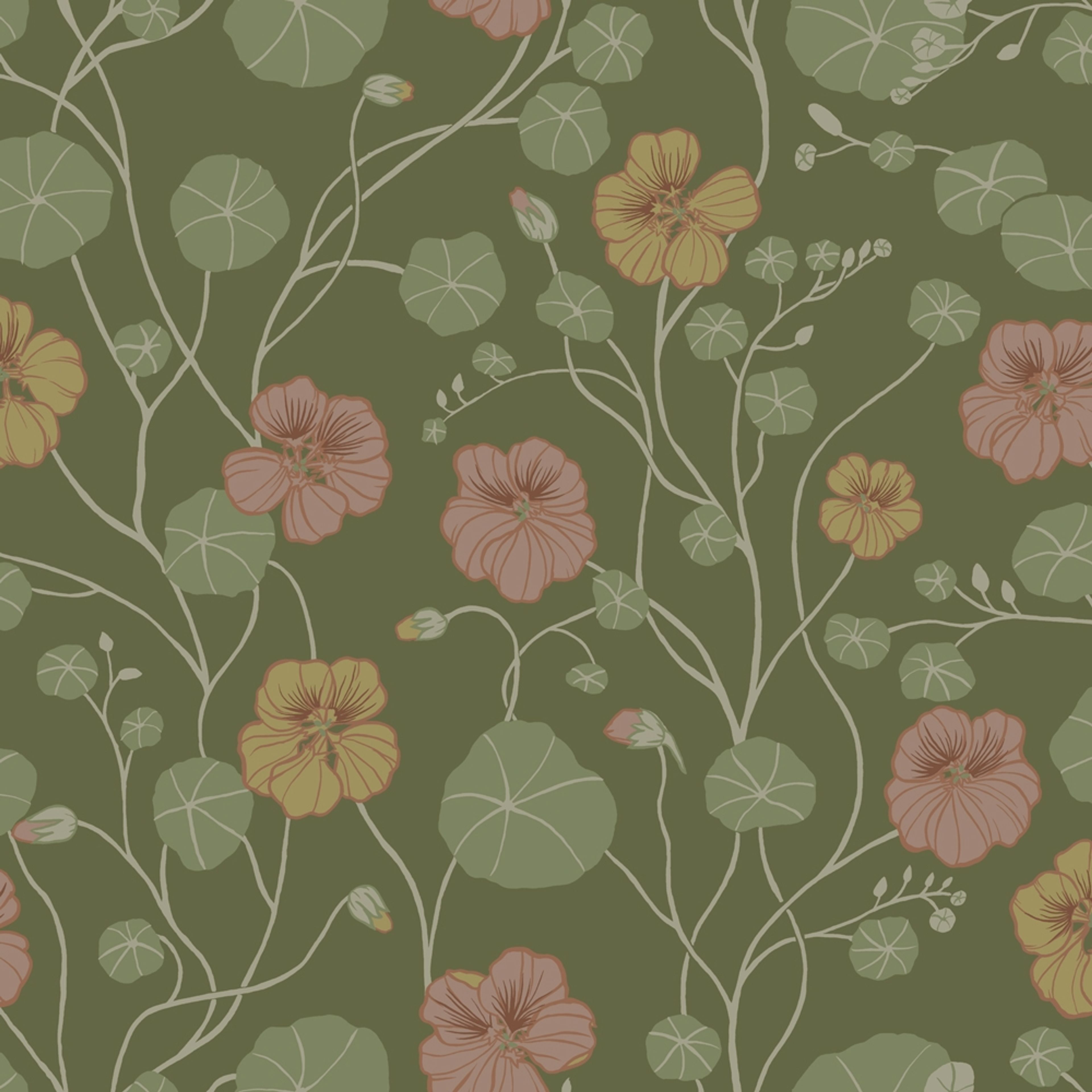 Krasseslinga, mörkgrön tapet tapet med blommigt mönster i grön. Från kollektionen Långenäs. Nonwoven-material med förskjuten passning.