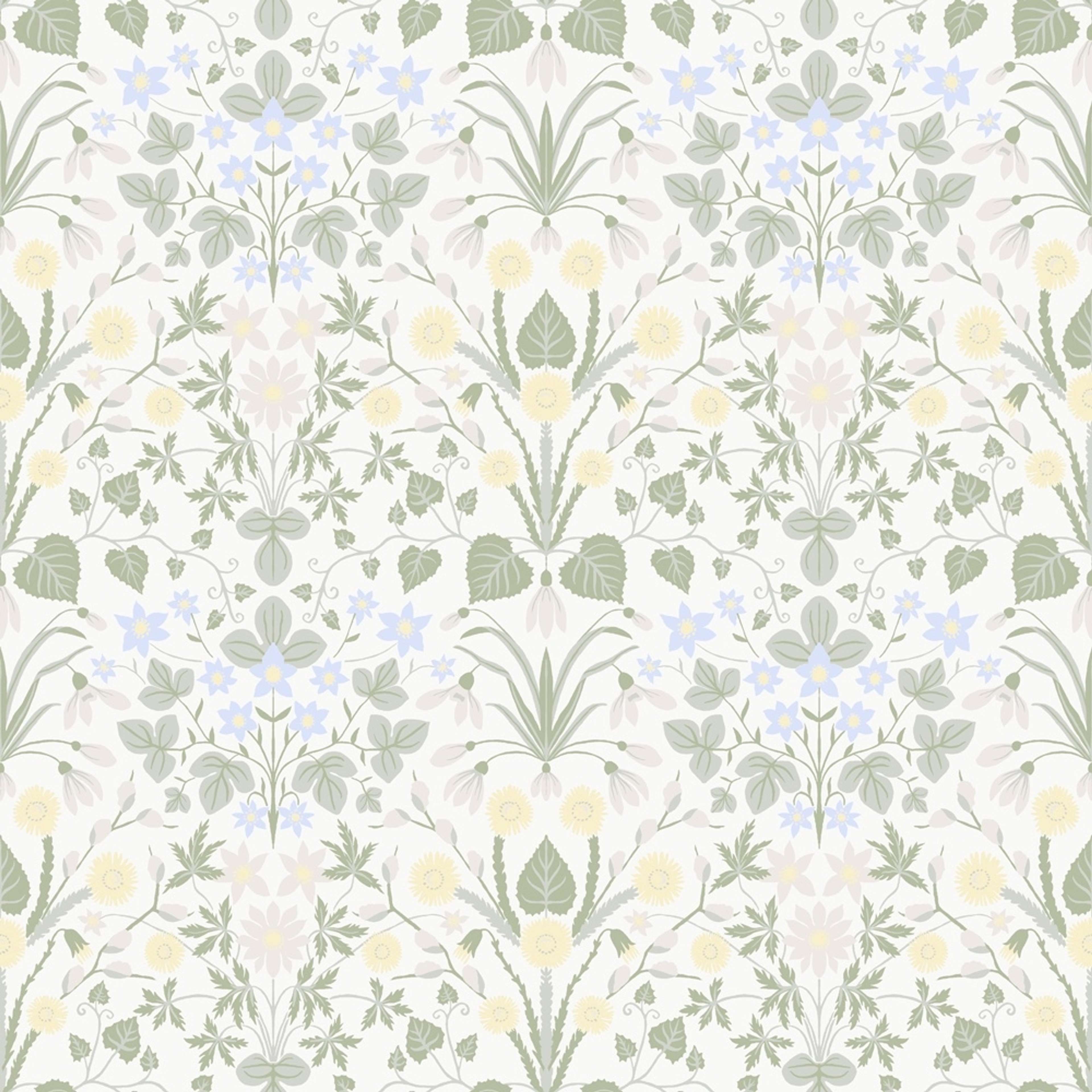 Vårblommor, vit tapet tapet med blommigt mönster i vit. Från kollektionen Långenäs. Nonwoven-material med rak passning.