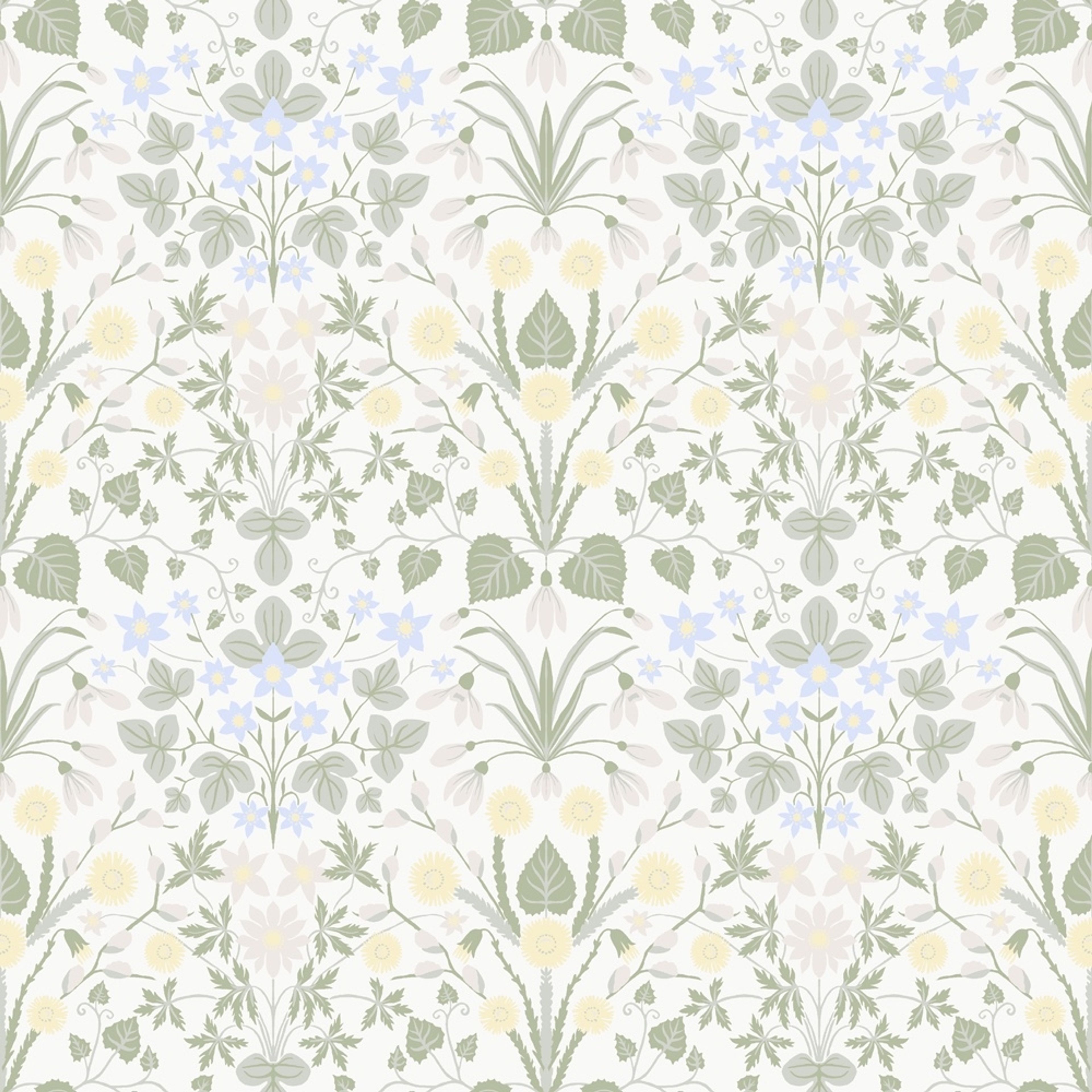 Vårblommor, vit tapet tapet med blommigt mönster i vit. Från kollektionen Långenäs. Nonwoven-material med rak passning.