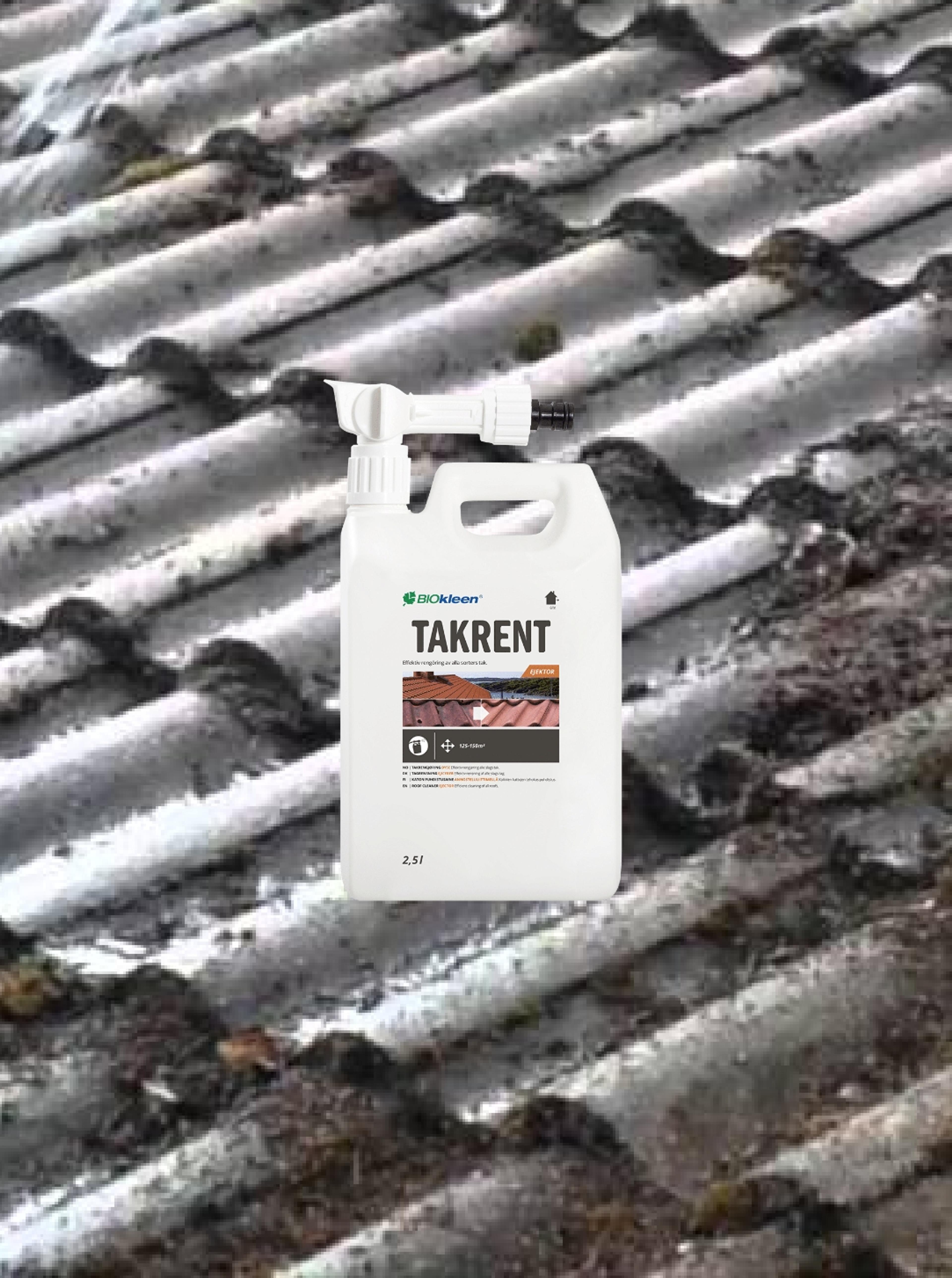 White plastic jug of TAKRENT roof cleaner with a spray attachment on a mossy roof.