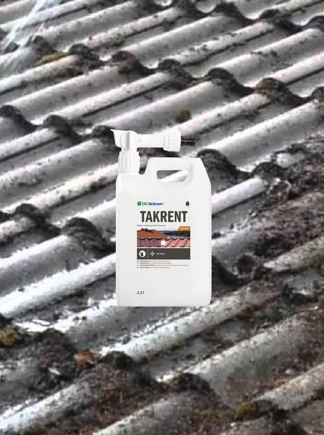 White plastic jug of TAKRENT roof cleaner with a spray attachment on a mossy roof.