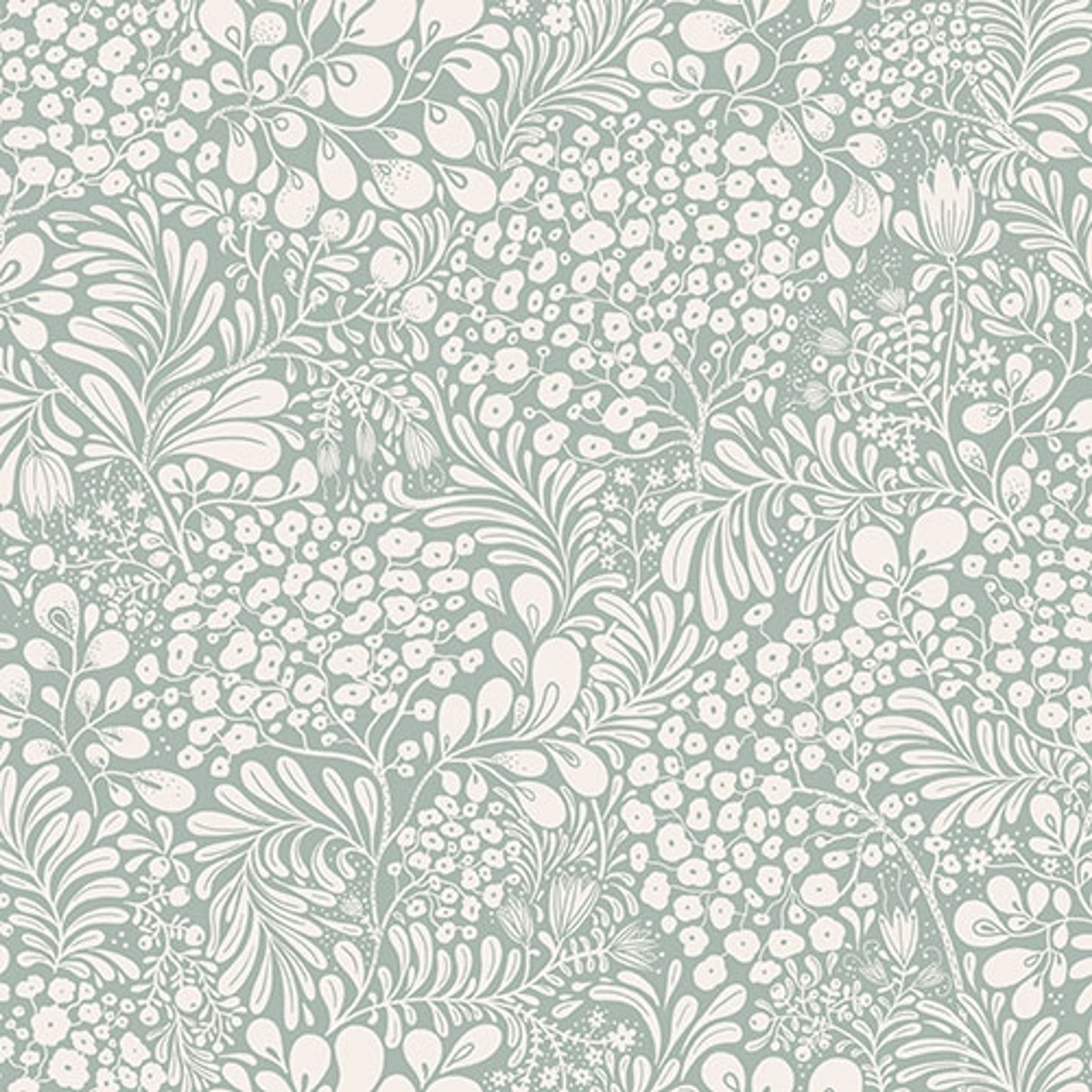 Siv, grågrön tapet med blommigt mönster i grå. Från kollektionen Lina 2. Nonwoven-material med förskjuten passning.