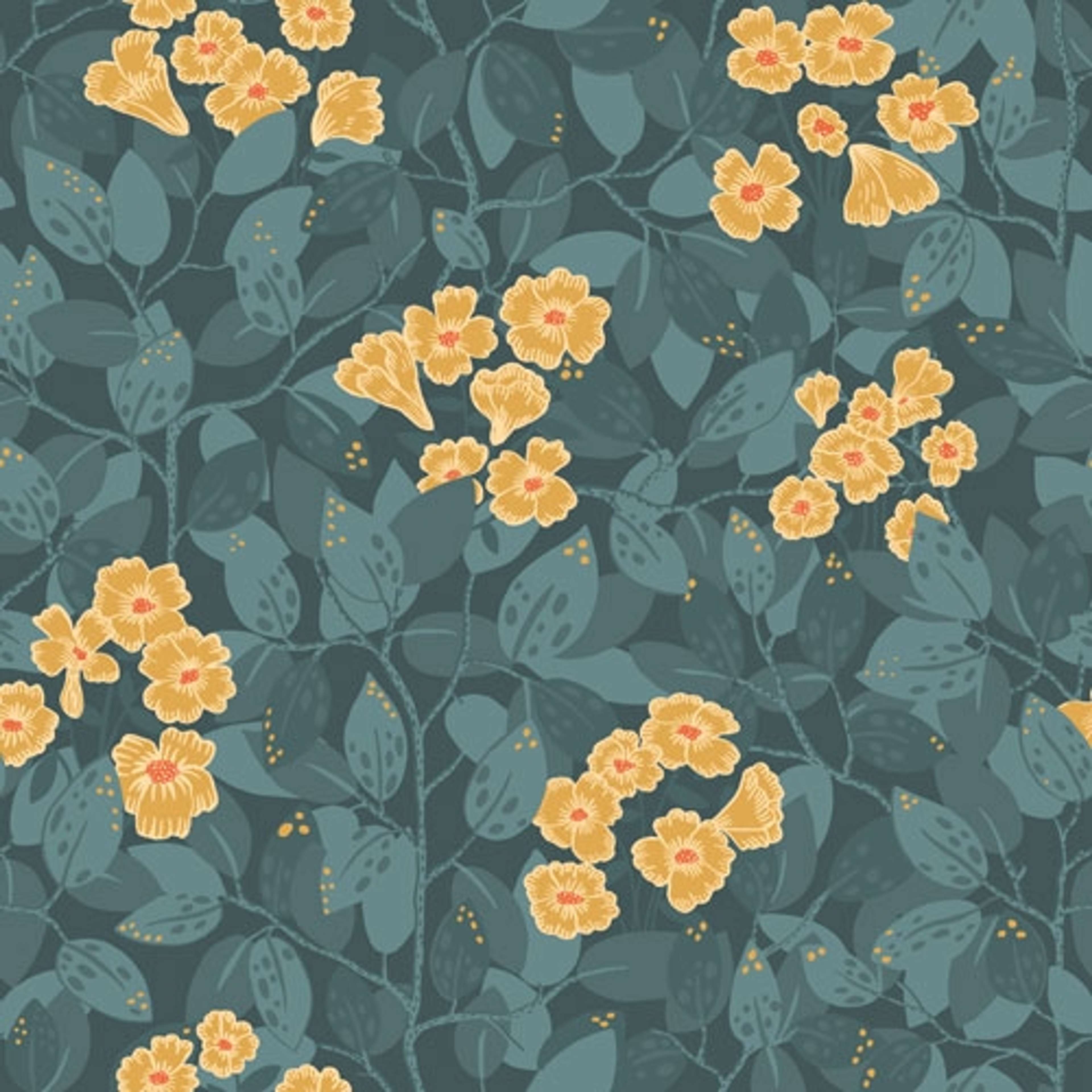 Henni tapet med blommigt mönster i gul och blå. Från kollektionen Lina. Nonwoven-material med rak passning.