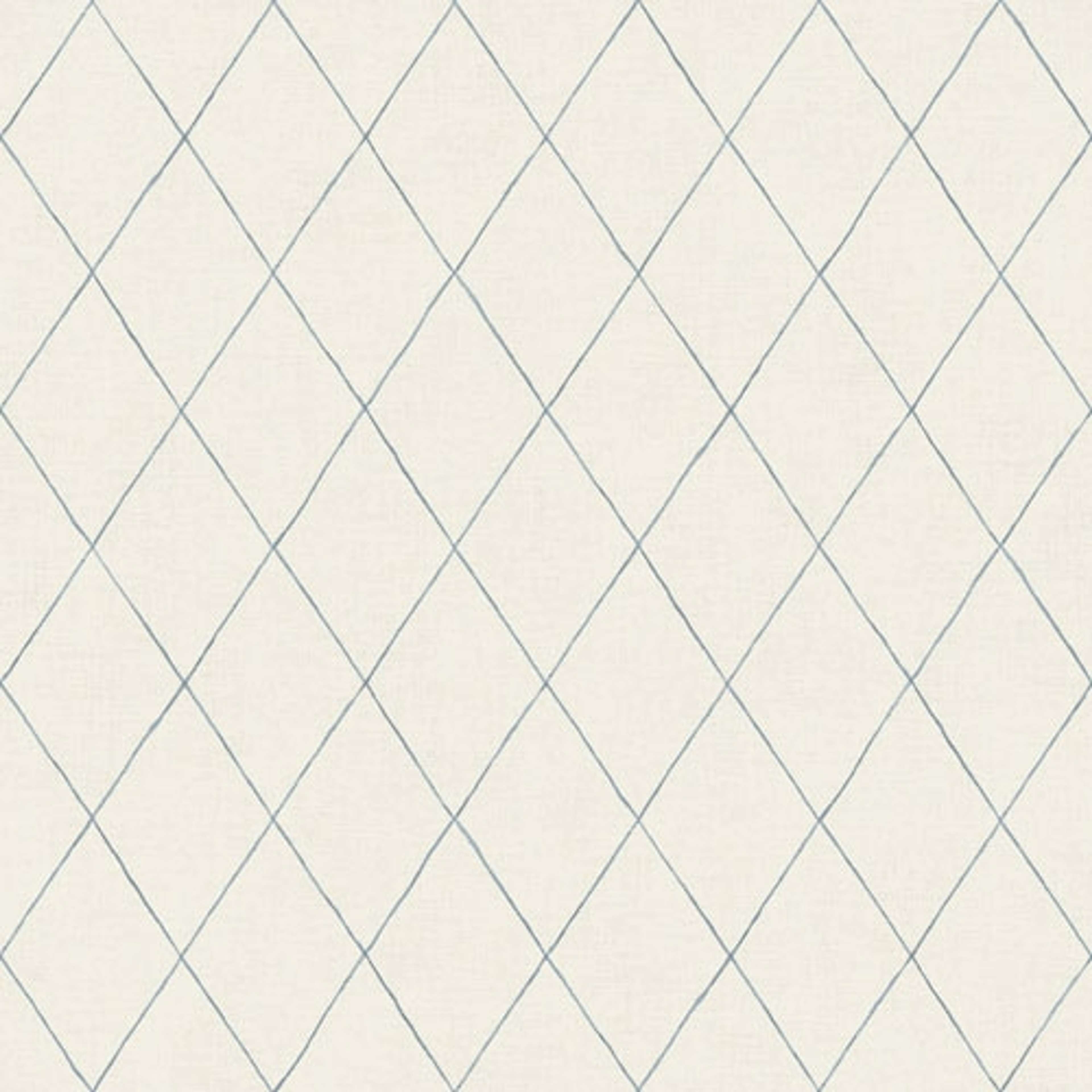 Ruben ljus tapet med trellismönster i blått tapet från Midbec med rutigt mönster i vit. Från kollektionen Morgongåva. Nonwoven-material med rak passning.