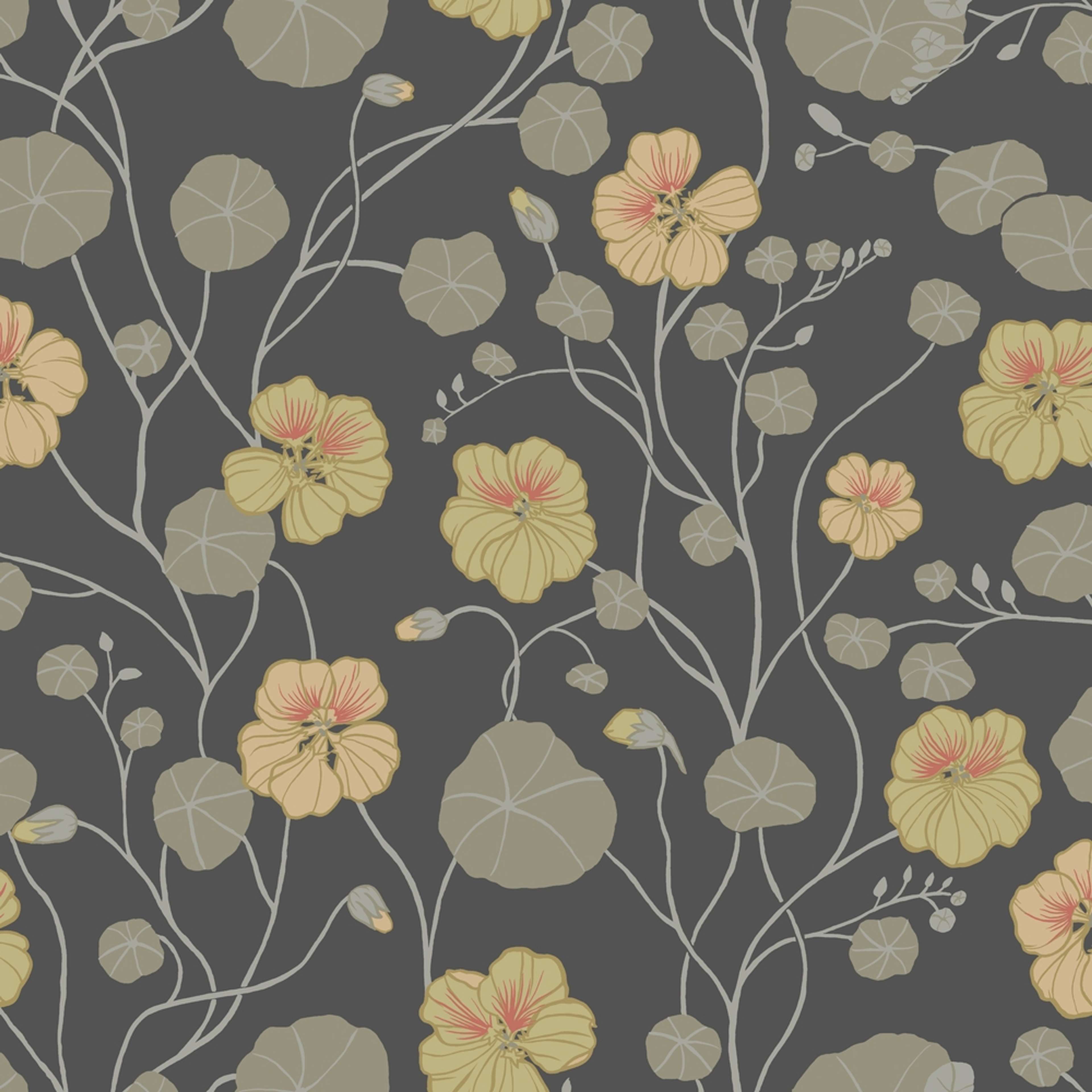 Krasseslinga, grå tapet tapet med blommigt mönster i grå. Från kollektionen Långenäs. Nonwoven-material med förskjuten passning.