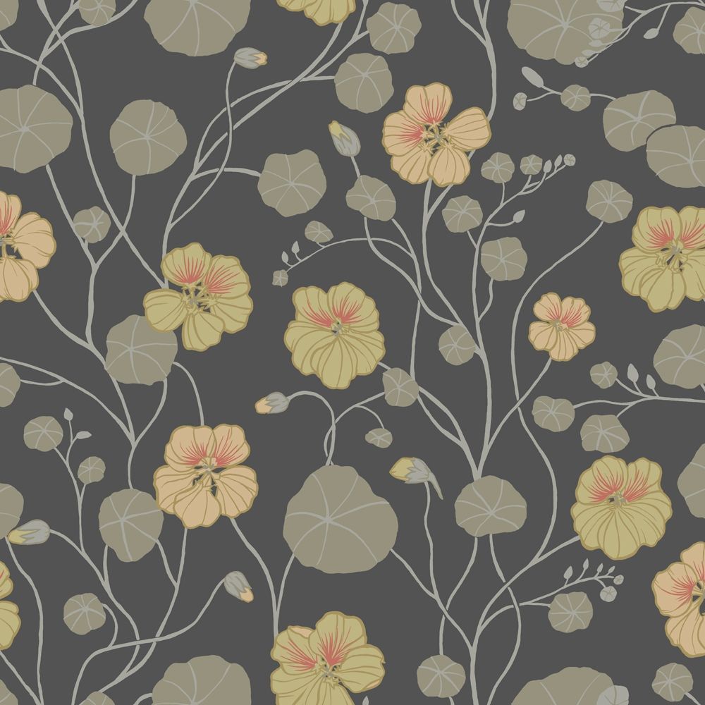 Krasseslinga, grå tapet tapet med blommigt mönster i grå. Från kollektionen Långenäs. Nonwoven-material med förskjuten passning.