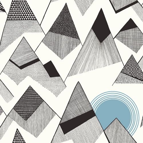 Mountains moonlight tapet från Midbec med grafiskt, retro mönster i vit. Från kollektionen Kinfolk. Nonwoven-material med förskjuten passning.