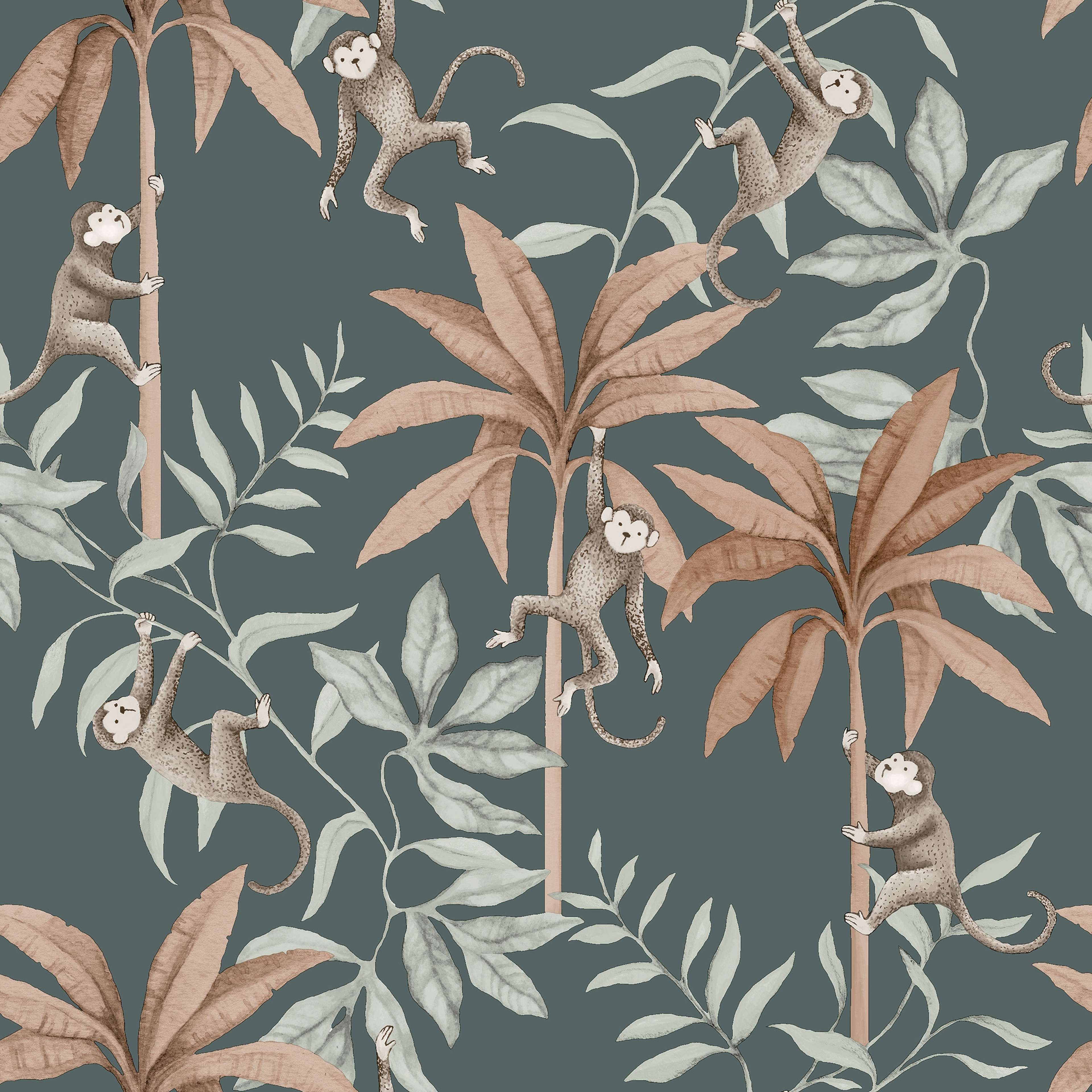 Jungle Friends blå, tapet tapet med djur, barnrum, naturochlandskap mönster i blå. Från kollektionen Newbie II Wallpaper. Nonwoven-material med rak passning. Passar i sovrum.