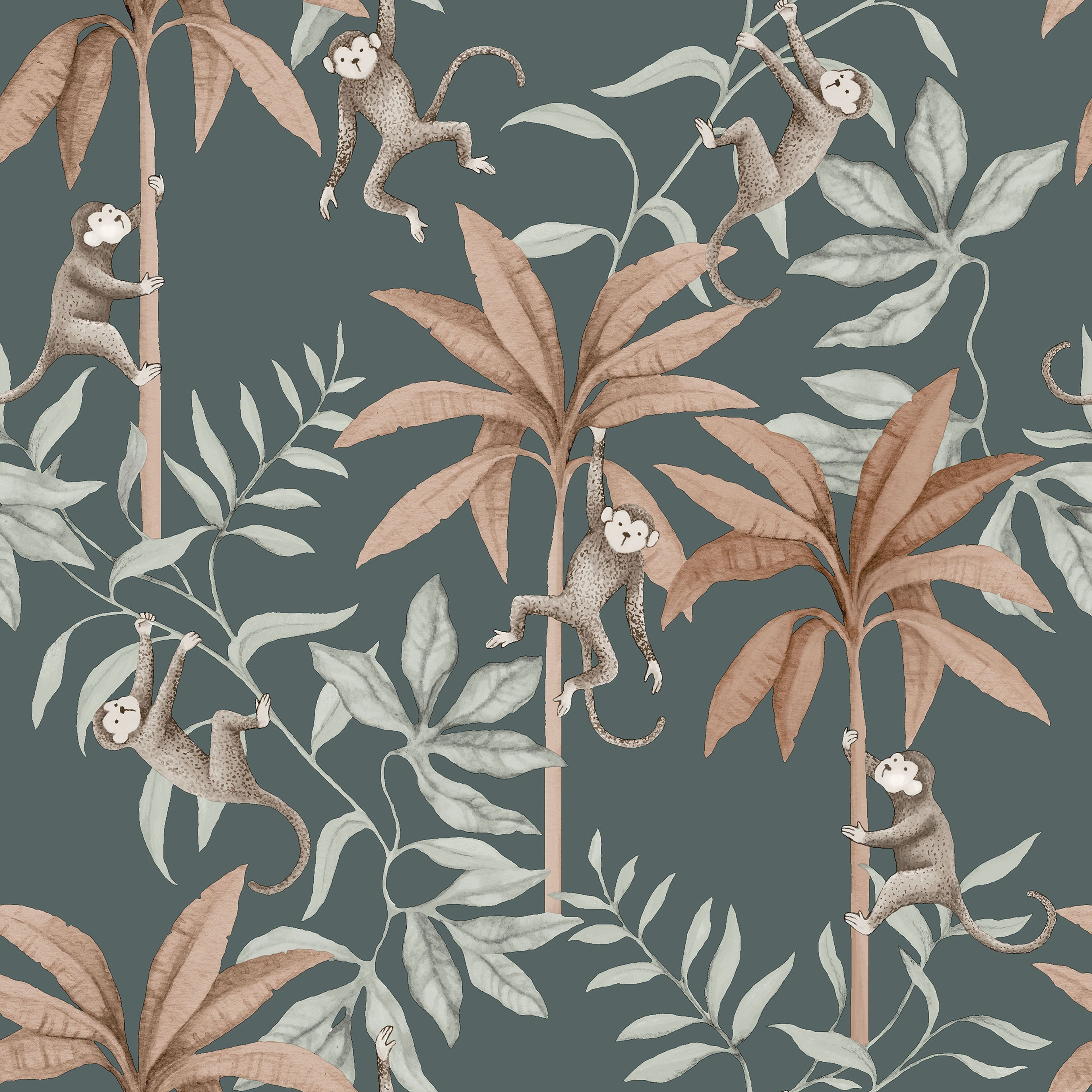 Jungle Friends blå, tapet tapet med djur, barnrum, naturochlandskap mönster i blå. Från kollektionen Newbie II Wallpaper. Nonwoven-material med rak passning. Passar i sovrum.