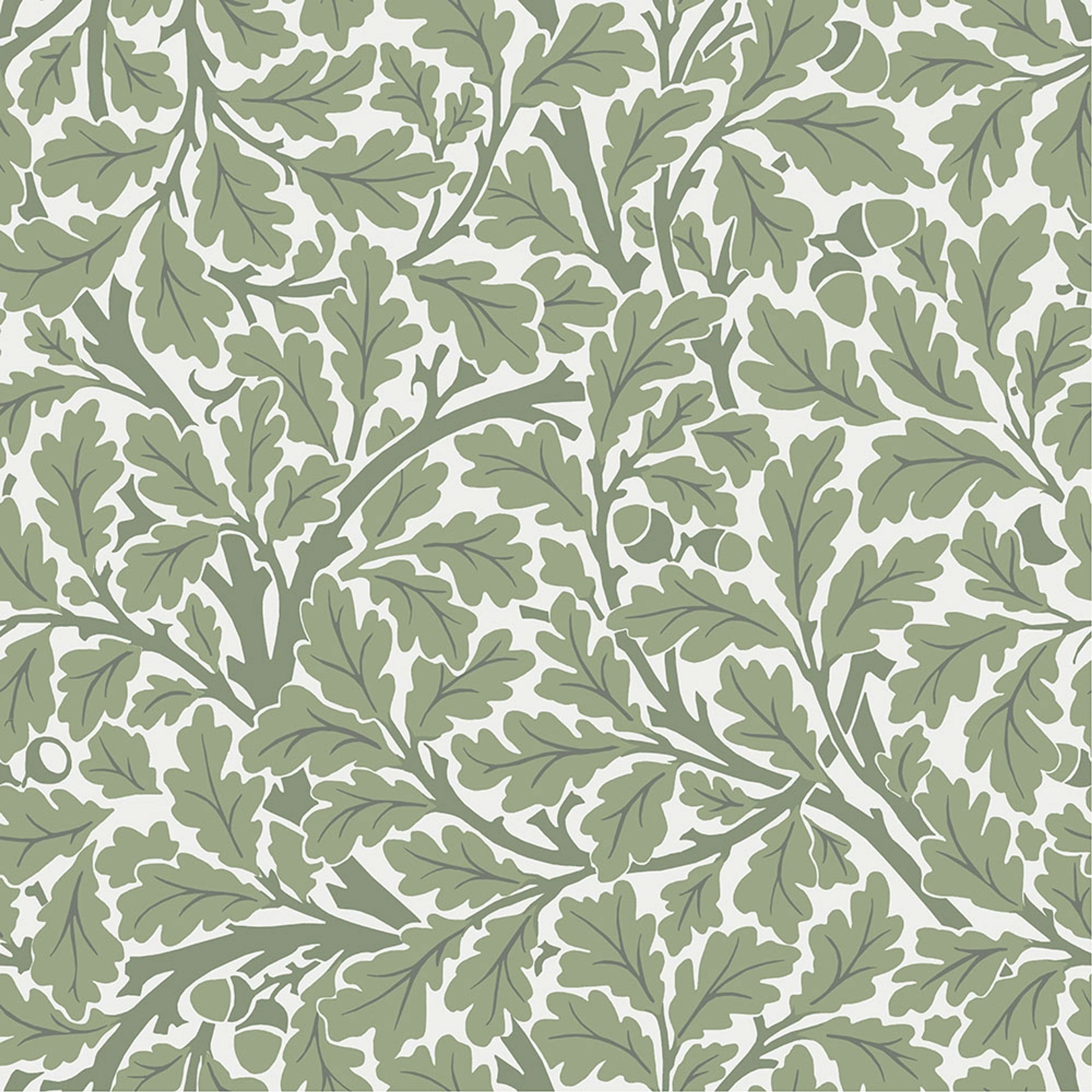 Oak Tree, vit tapet tapet från Midbec med botaniskt, blommigt mönster i vit och grön. Från kollektionen Hidden Treasures vol 1. Nonwoven-material med rak passning.