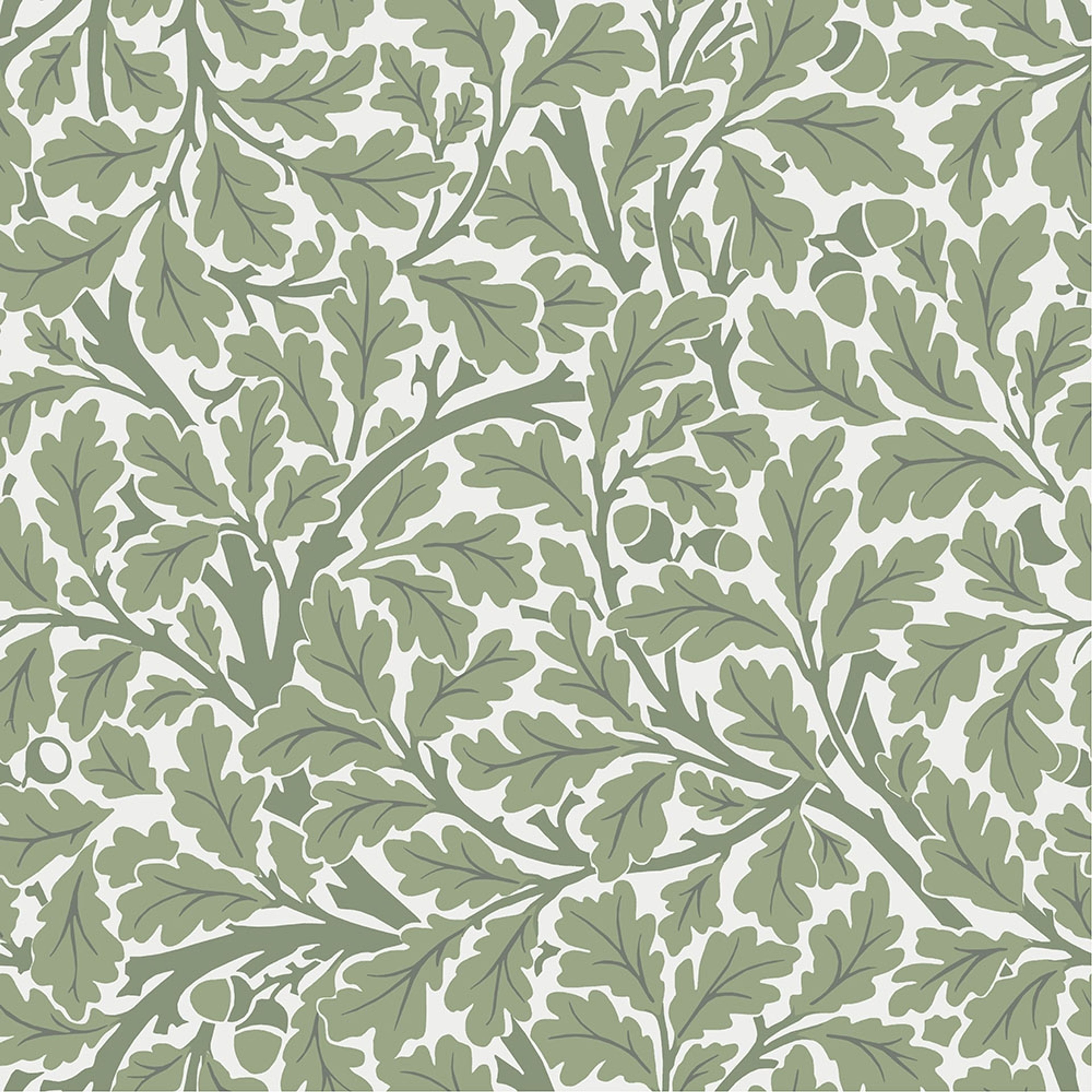 Oak Tree, vit tapet tapet från Midbec med botaniskt, blommigt mönster i vit och grön. Från kollektionen Hidden Treasures vol 1. Nonwoven-material med rak passning.
