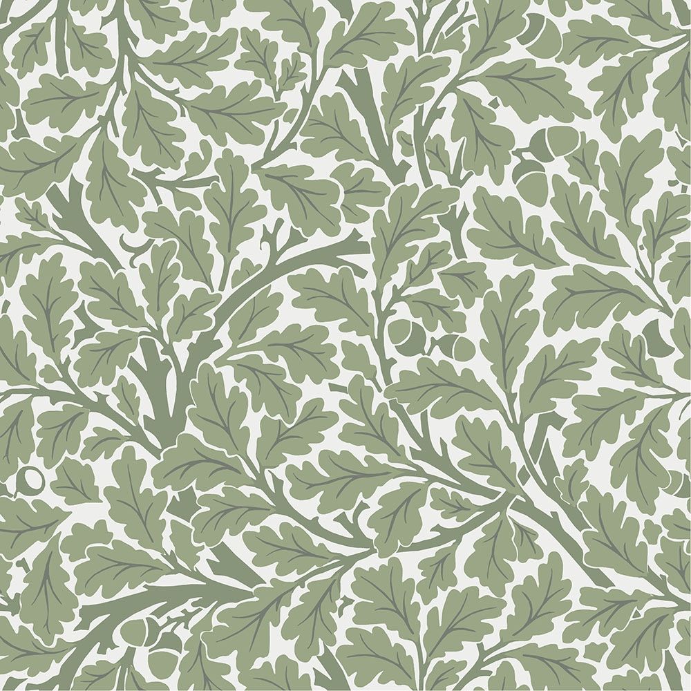 Oak Tree, vit tapet tapet från Midbec med botaniskt, blommigt mönster i vit och grön. Från kollektionen Hidden Treasures vol 1. Nonwoven-material med rak passning.