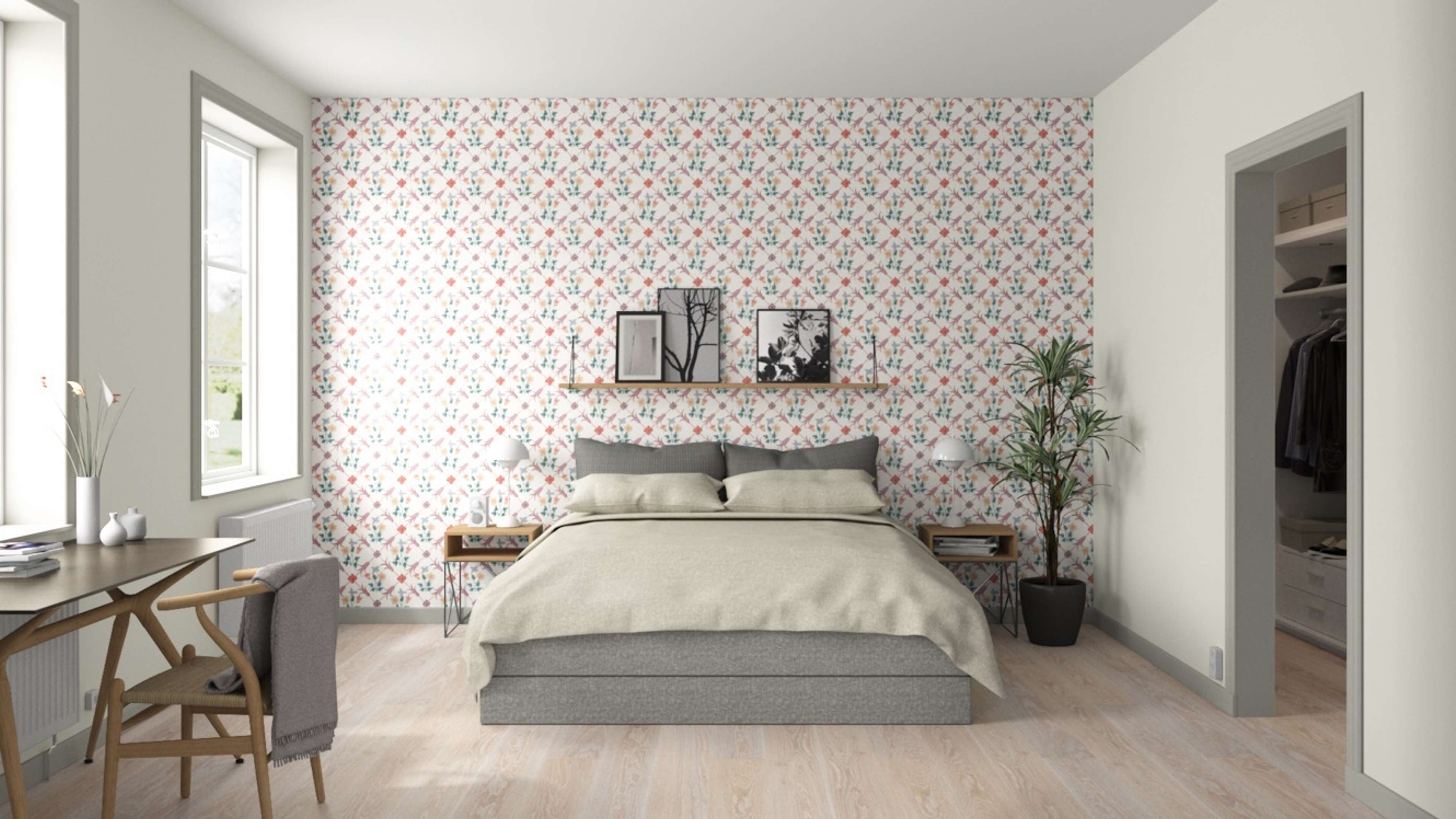 Tessin tapet från Boråstapeter med botaniskt mönster i rosa och beige. Från kollektionen anno. Nonwoven-material med rak passning. Vintage, city-stil. Passar i sovrum och matsal.