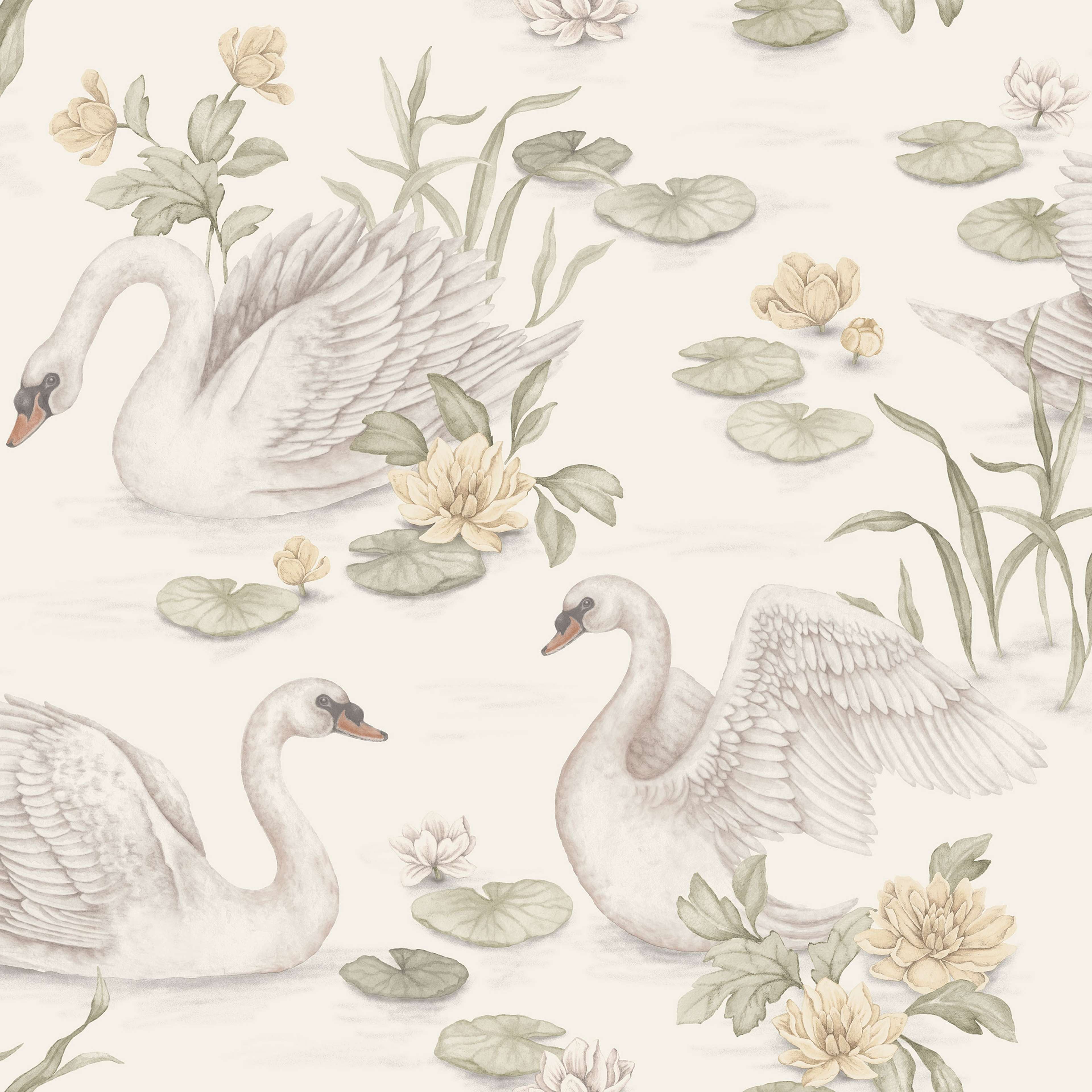 Lily Swan vit, tapet tapet med djur, blommigt mönster i vit. Från kollektionen Newbie II Wallpaper. Nonwoven-material med förskjuten passning. Passar i sovrum.