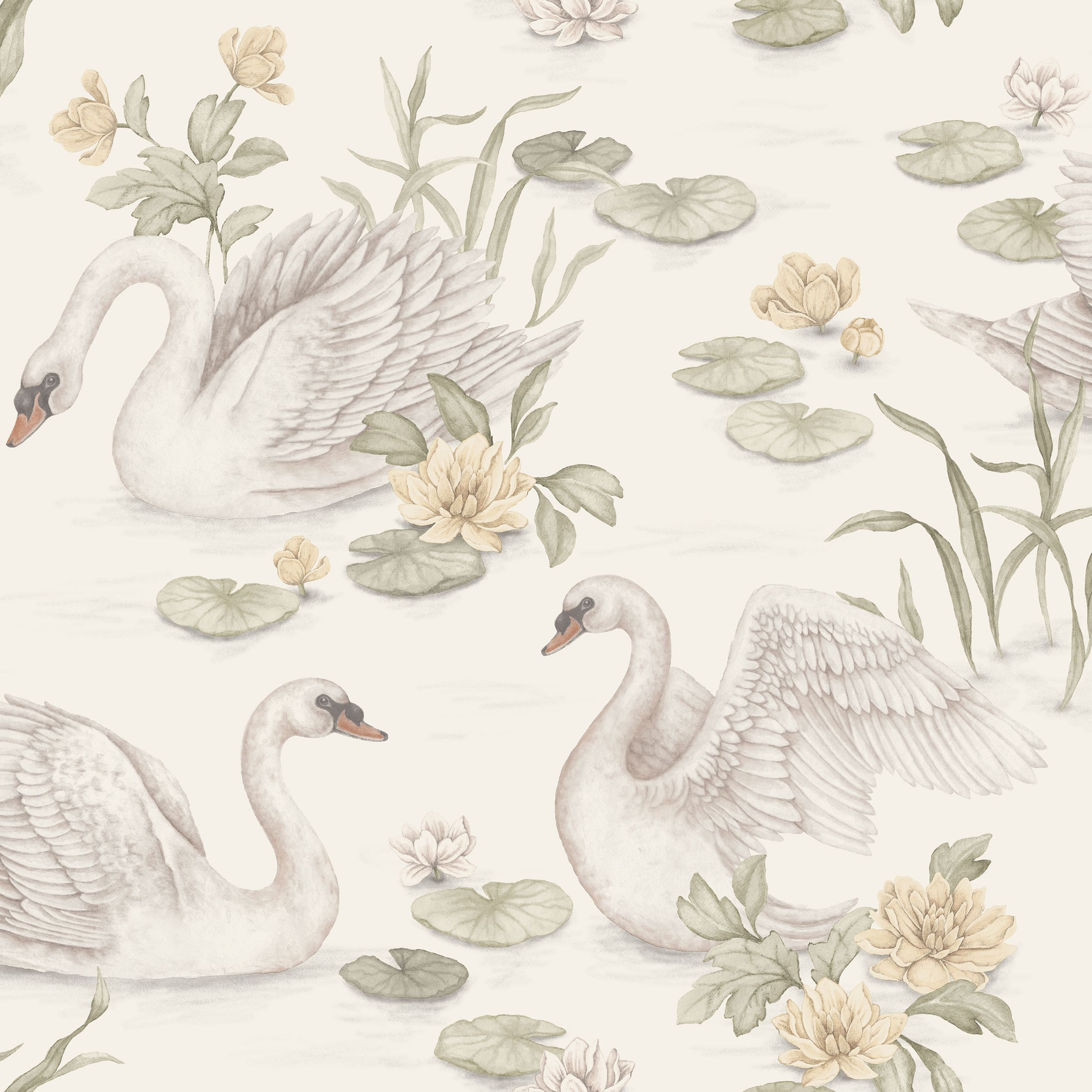 Lily Swan vit, tapet tapet med djur, blommigt mönster i vit. Från kollektionen Newbie II Wallpaper. Nonwoven-material med förskjuten passning. Passar i sovrum.