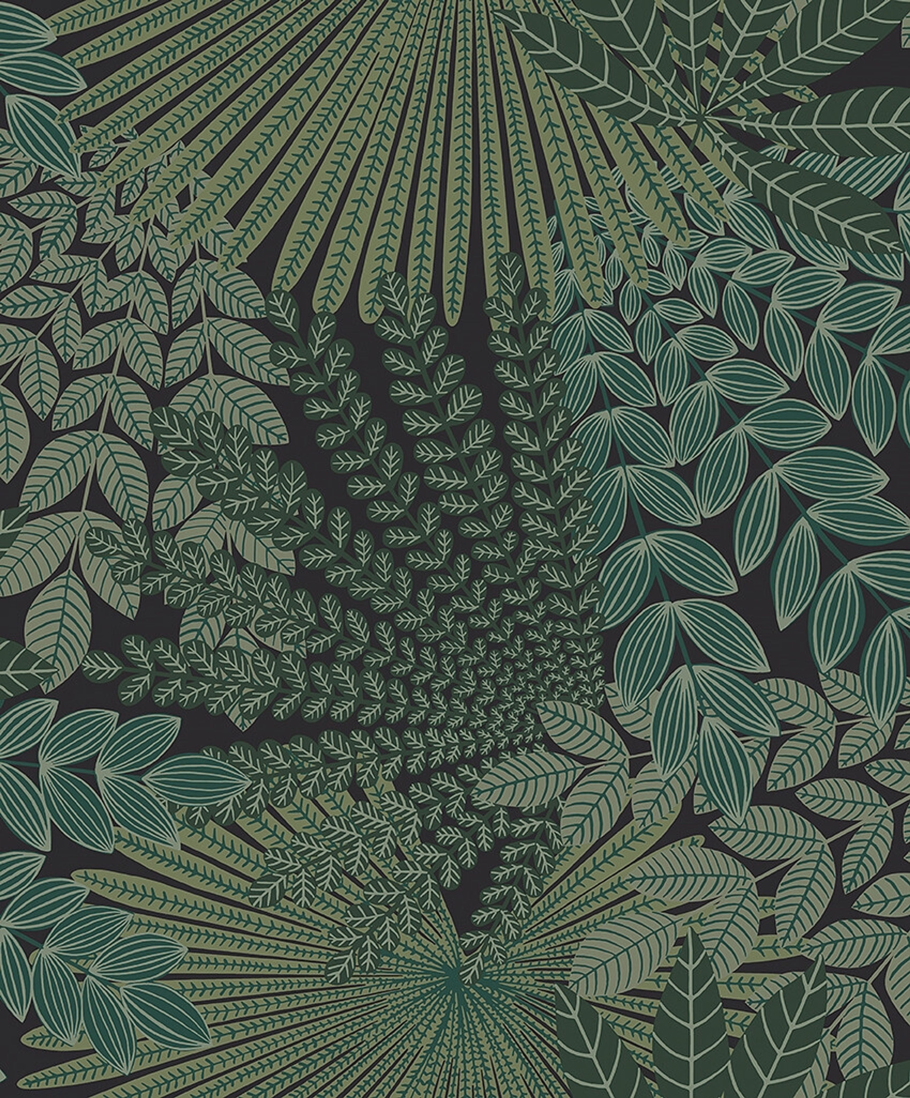 Velvet Leaves bladverk i mörkt grönt tapet med botaniskt mönster i grön. Från kollektionen Treasured. Nonwoven-material med förskjuten passning. Passar i kök, hall och arbetsrum.