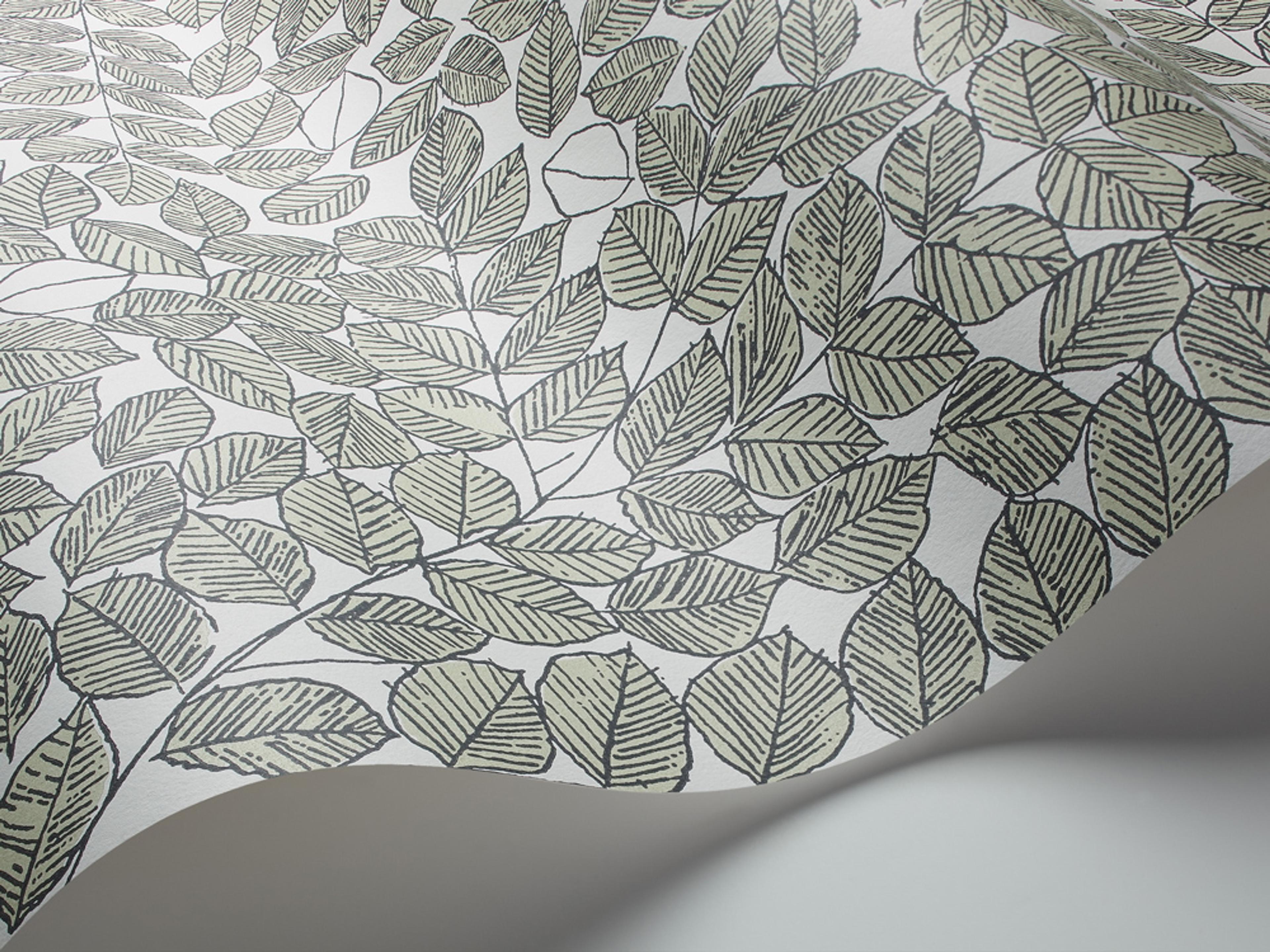 Romans tapet från Boråstapeter med botaniskt, retro mönster i vit, svart och grön. Från kollektionen Scandinavian Designers II. Nonwoven-material med förskjuten passning.