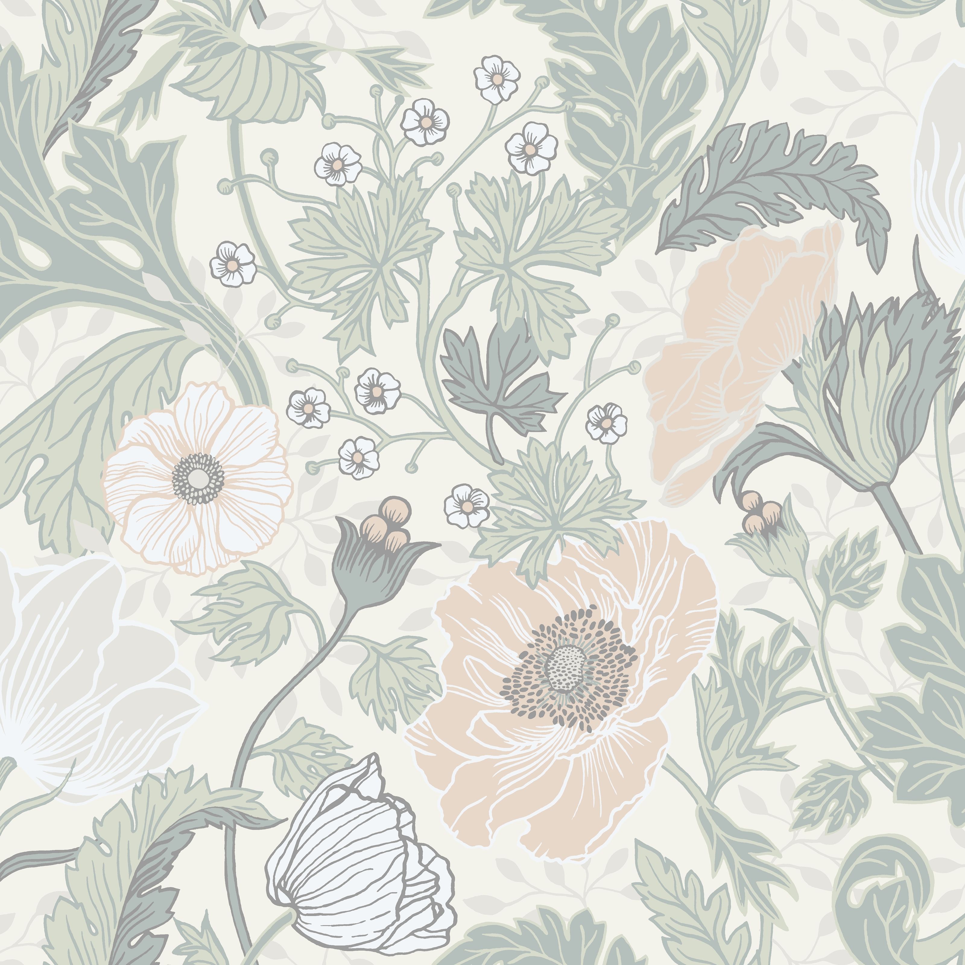 Anemone, beige tapet från Midbec med blommigt mönster i beige. Från kollektionen Apelviken, Grönhaga. Nonwoven-material med förskjuten passning.
