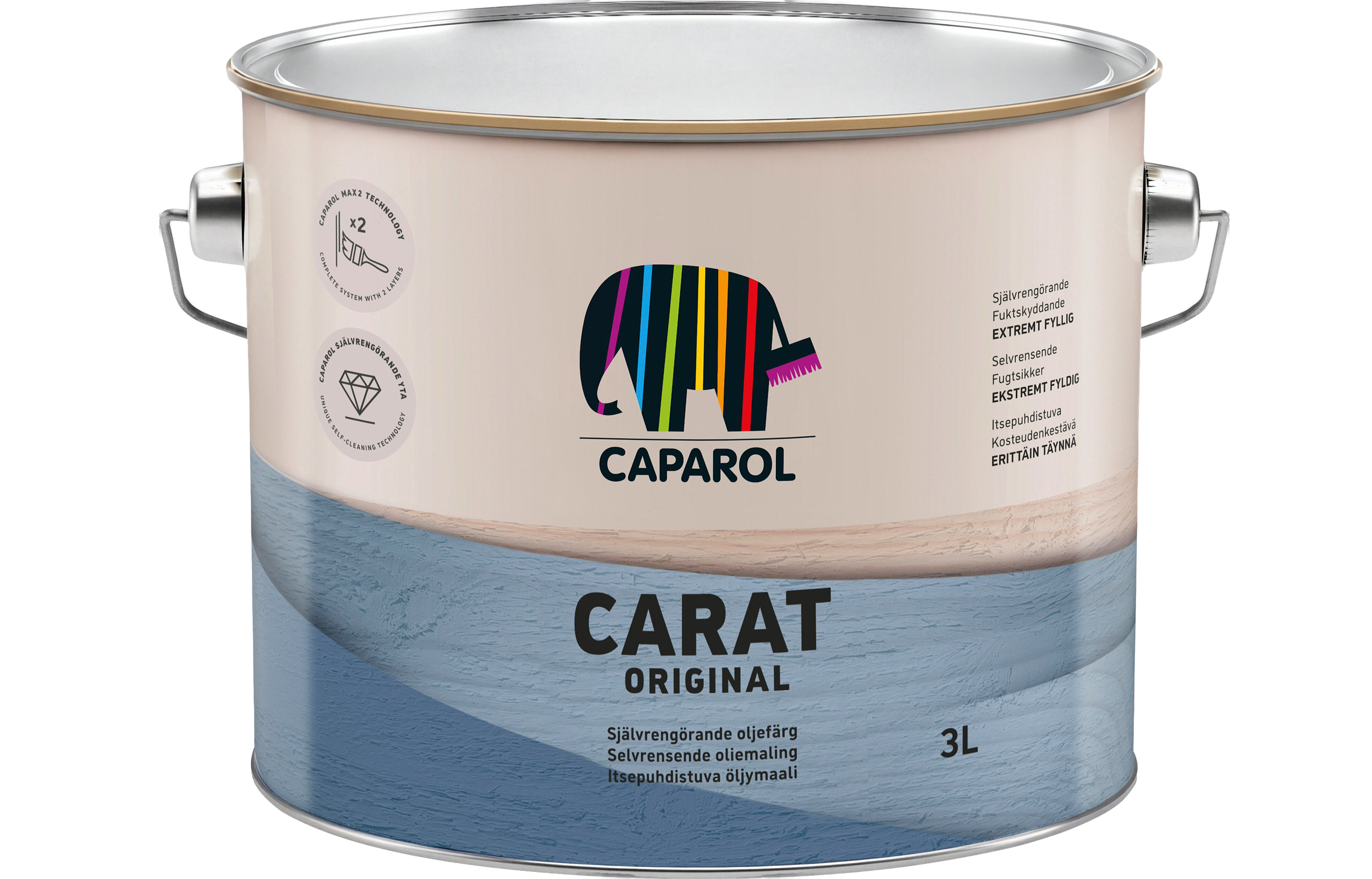 A Caparol Carat Original 3L paint can with a colorful elephant logo on a beige and blue label.
