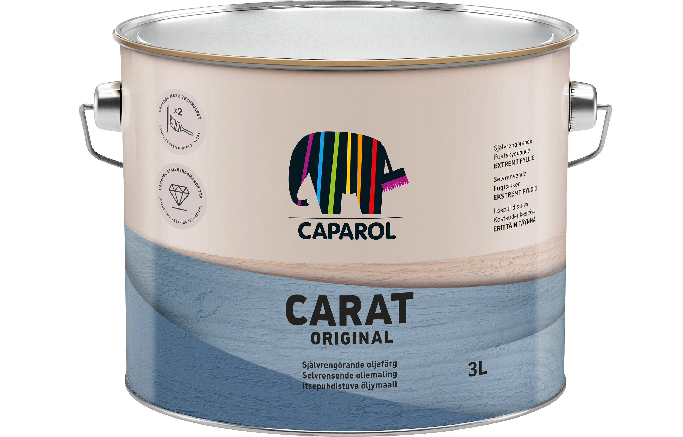 A Caparol Carat Original 3L paint can with a colorful elephant logo on a beige and blue label.