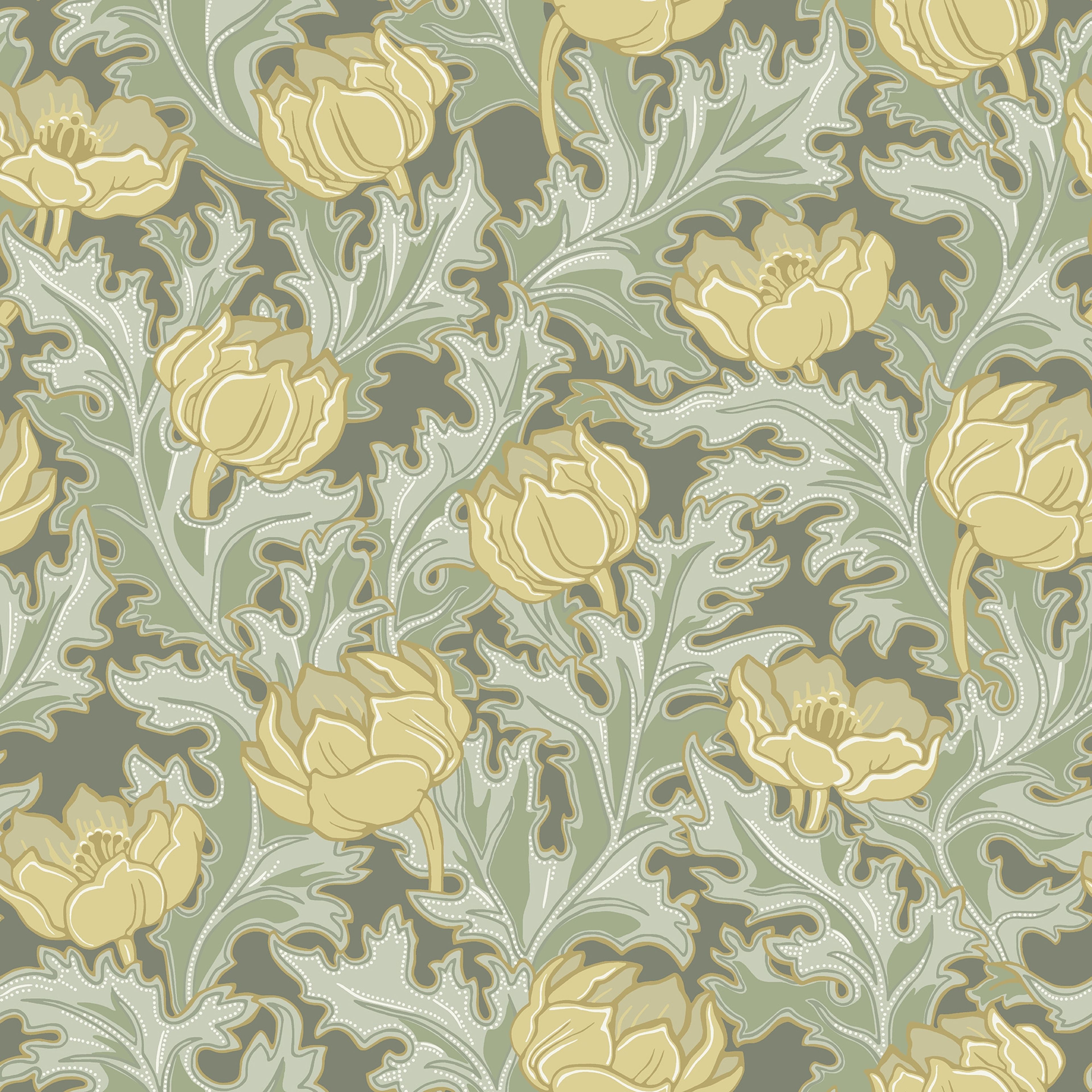 Sigrid Gulgrön tapet med botaniskt mönster i grön. Från kollektionen Gammalsvenska klassiker 1850–1950. Nonwoven-material med rak passning.