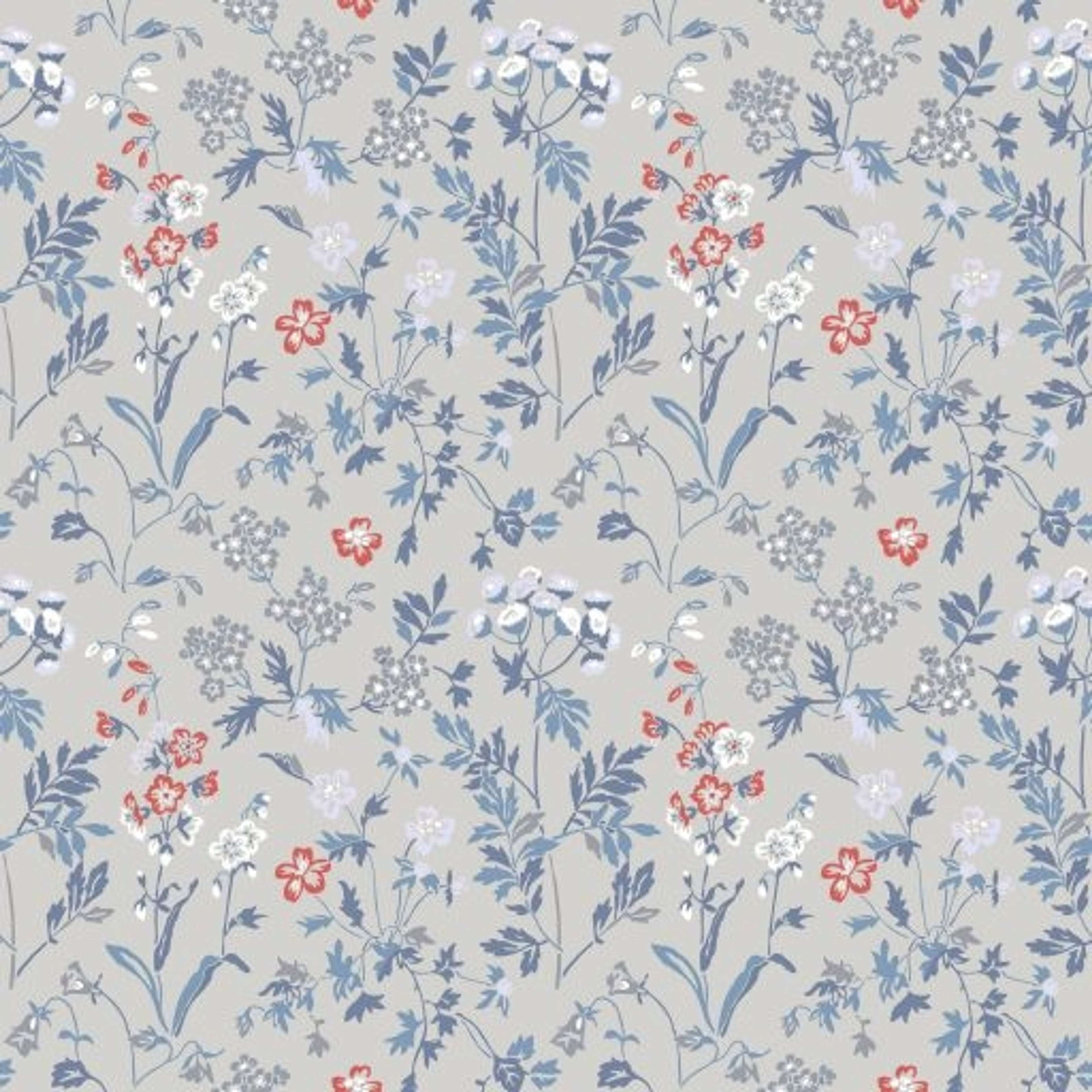 Juni, Blå tapet från duro med blommigt mönster i grå och blå. Från kollektionen Natur. Nonwoven-material med rak passning. Country-stil.