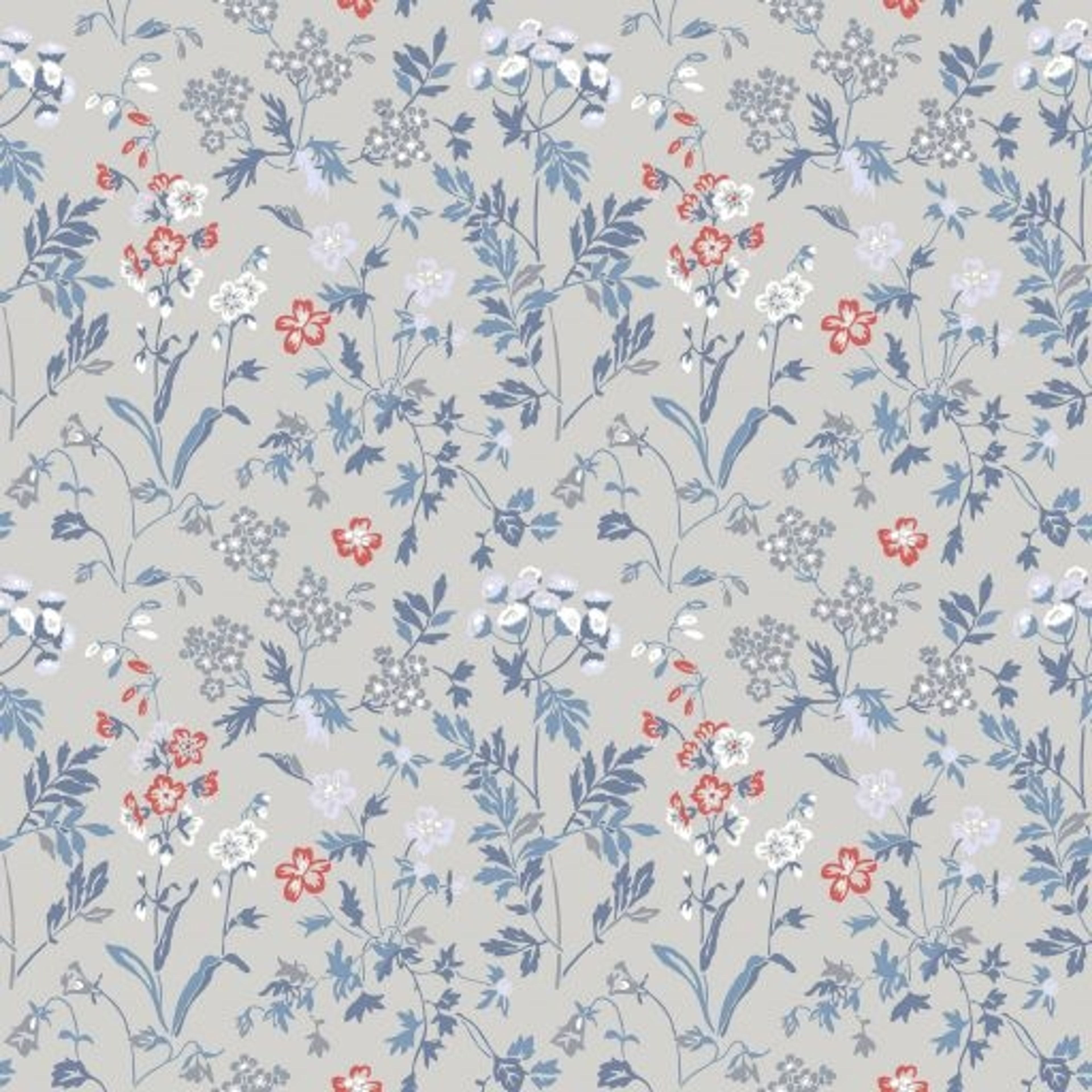 Juni, Blå tapet från duro med blommigt mönster i grå och blå. Från kollektionen Natur. Nonwoven-material med rak passning. Country-stil.