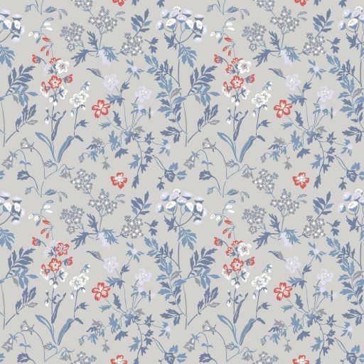 Juni, Blå tapet från duro med blommigt mönster i grå och blå. Från kollektionen Natur. Nonwoven-material med rak passning. Country-stil.