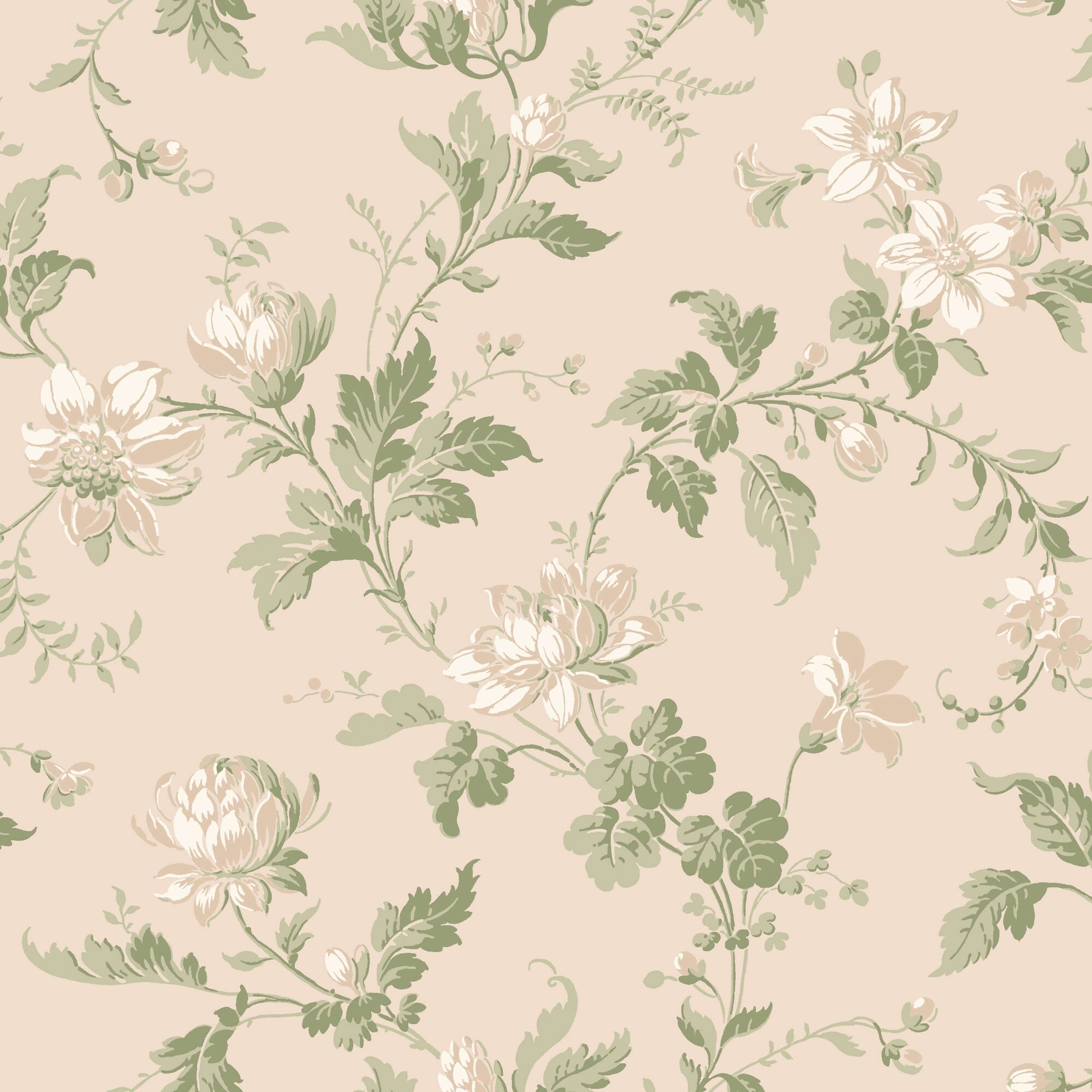 Blomslinga, crémevit botten tapet från Boråstapeter med blommigt mönster i grön och beige. Från kollektionen anno. Nonwoven-material med förskjuten passning. Country-stil. Passar i sovrum och matsal.