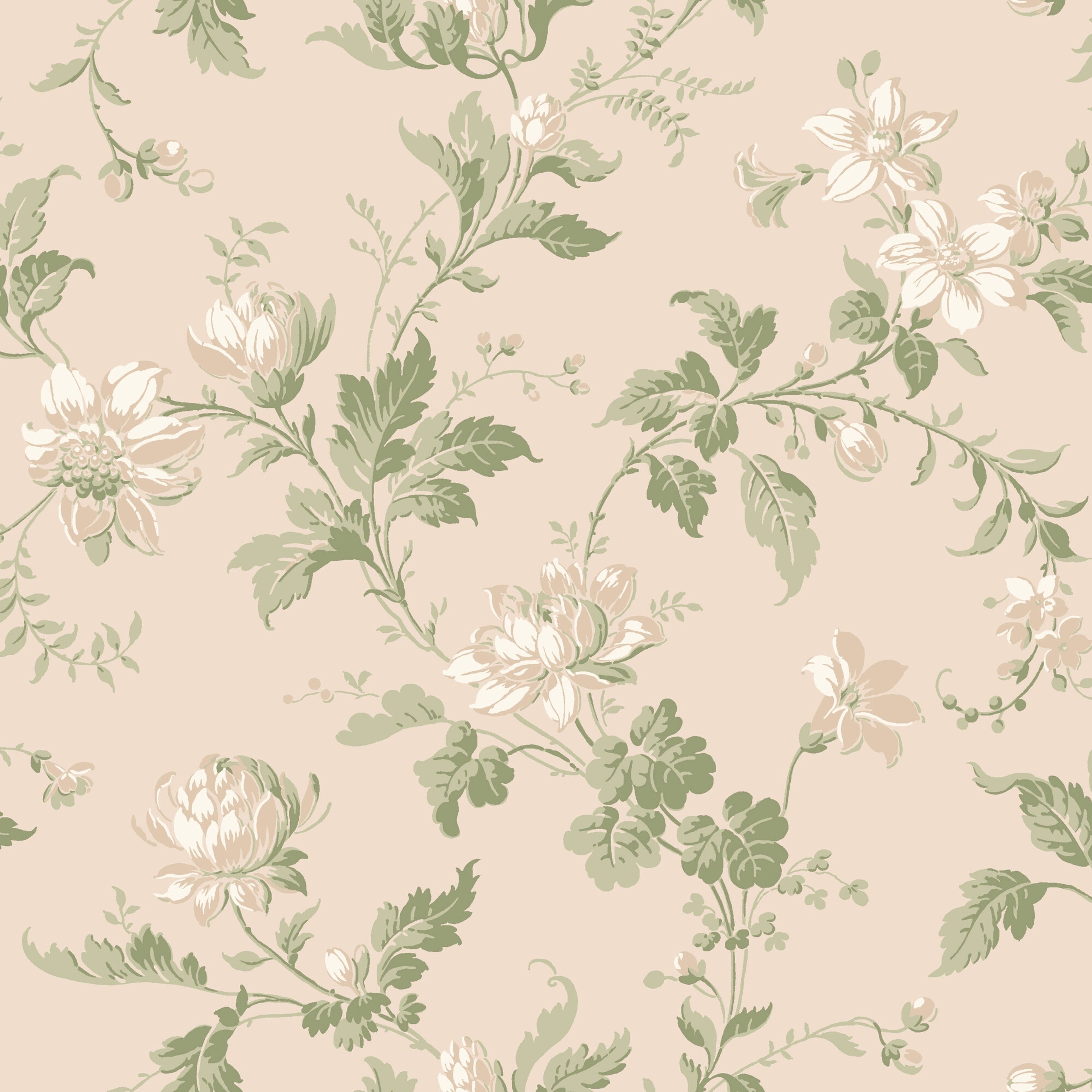 Blomslinga, crémevit botten tapet från Boråstapeter med blommigt mönster i grön och beige. Från kollektionen anno. Nonwoven-material med förskjuten passning. Country-stil. Passar i sovrum och matsal.