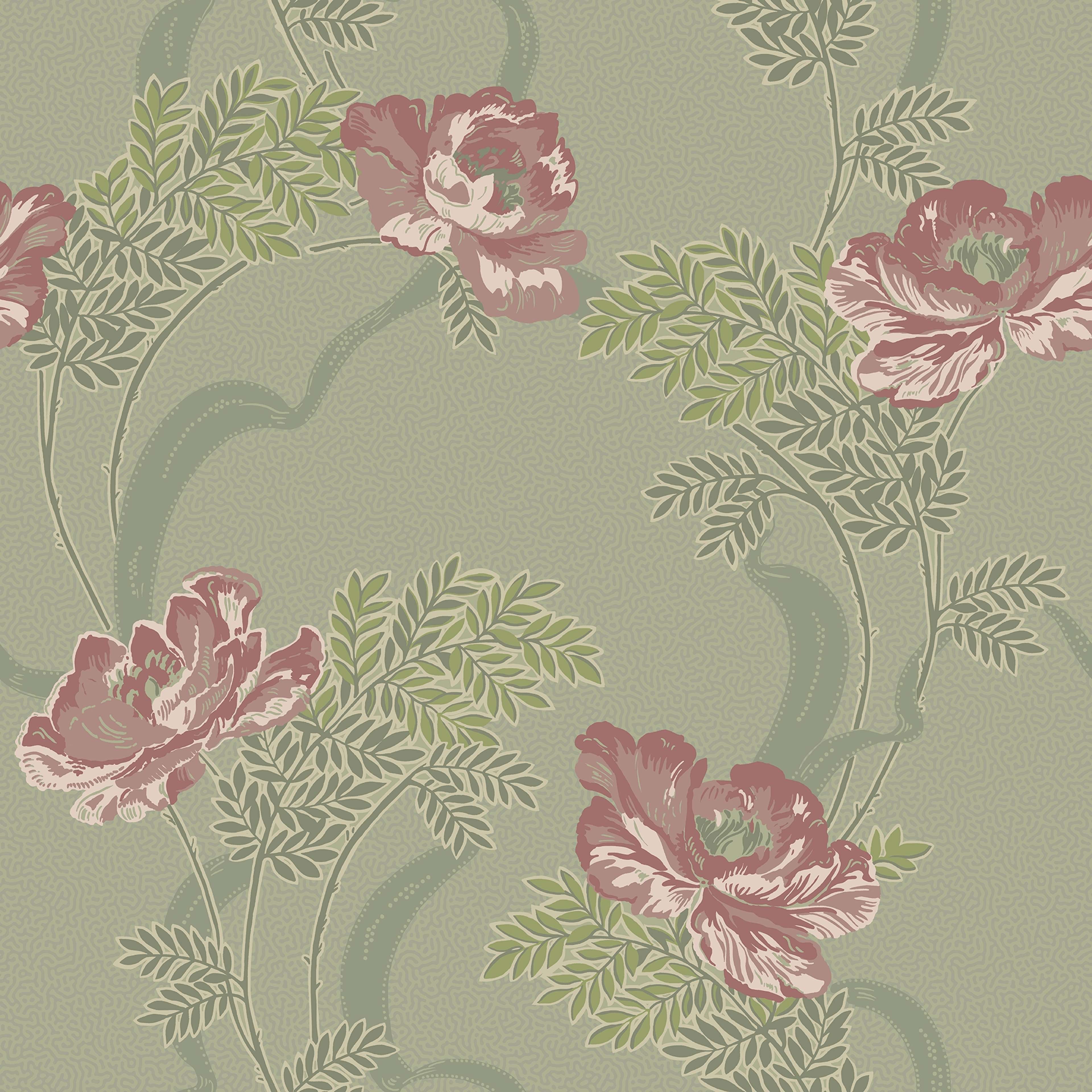 Ovansjö Grön tapet med blommigt mönster i grön. Från kollektionen Gammalsvenska klassiker 1850–1950. Nonwoven-material med rak passning. Country-stil.