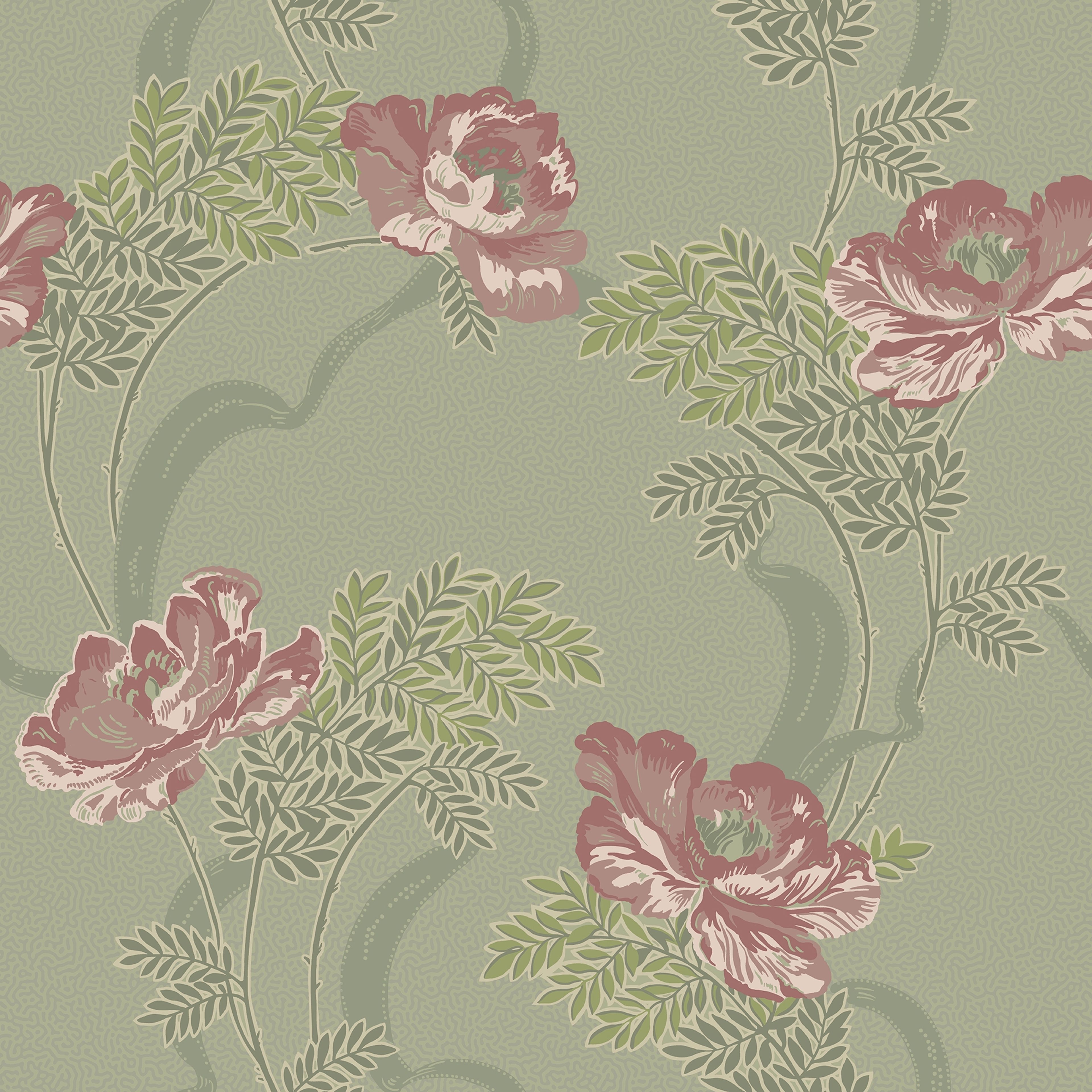 Ovansjö Grön tapet med blommigt mönster i grön. Från kollektionen Gammalsvenska klassiker 1850–1950. Nonwoven-material med rak passning. Country-stil.