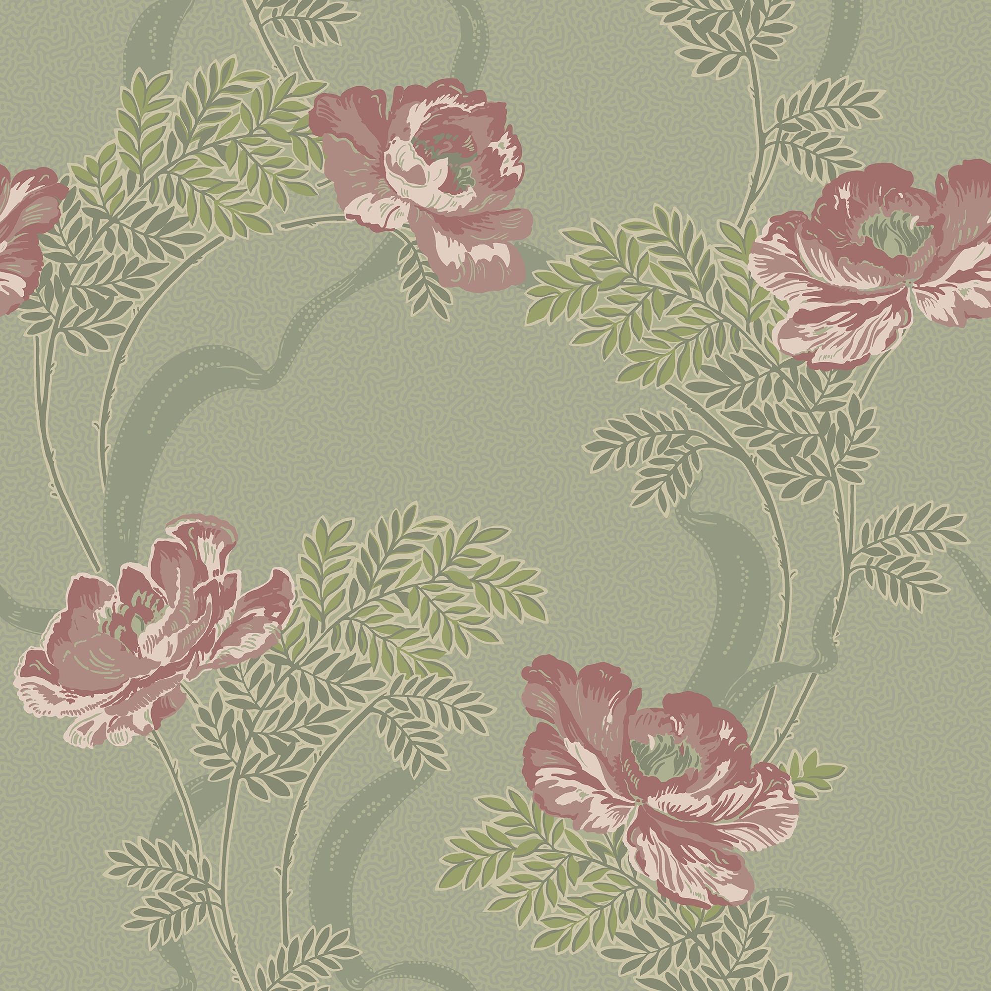Ovansjö Grön tapet med blommigt mönster i grön. Från kollektionen Gammalsvenska klassiker 1850–1950. Nonwoven-material med rak passning. Country-stil.