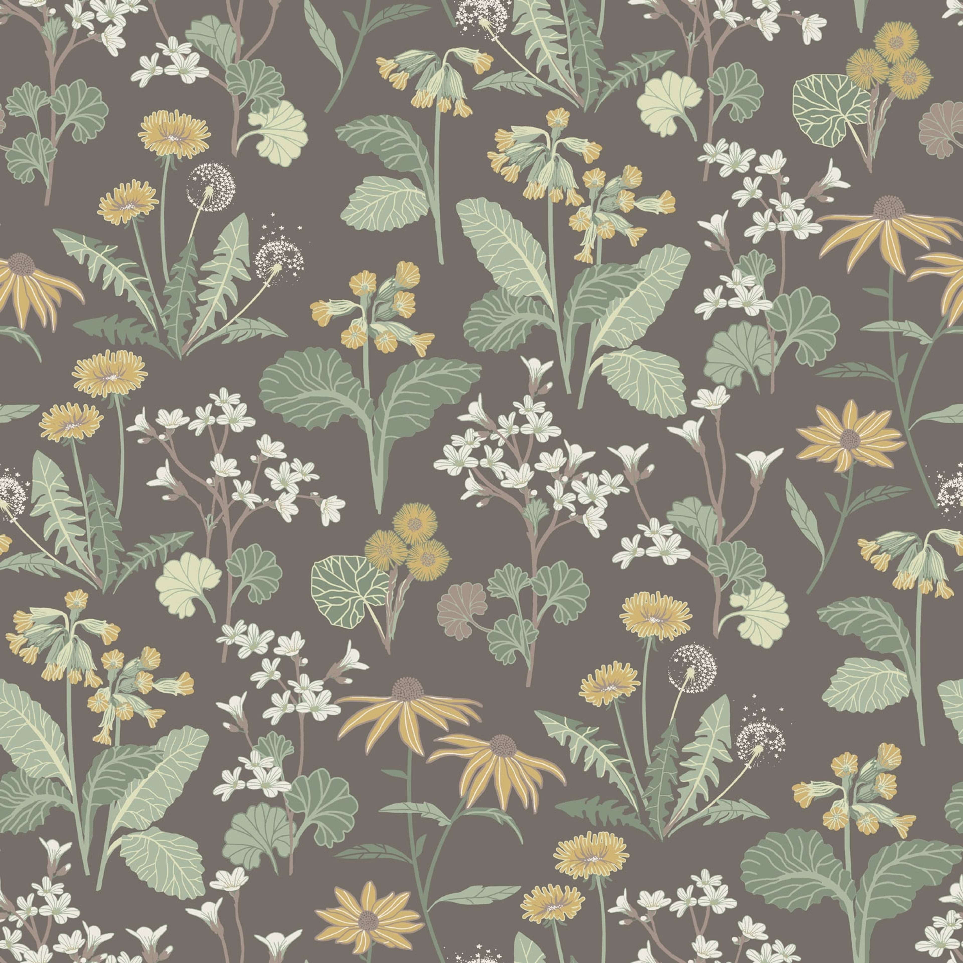 Magdalena, mörkbrun tapet tapet med blommigt mönster i brun. Från kollektionen Örtagård. Nonwoven-material med rak passning.