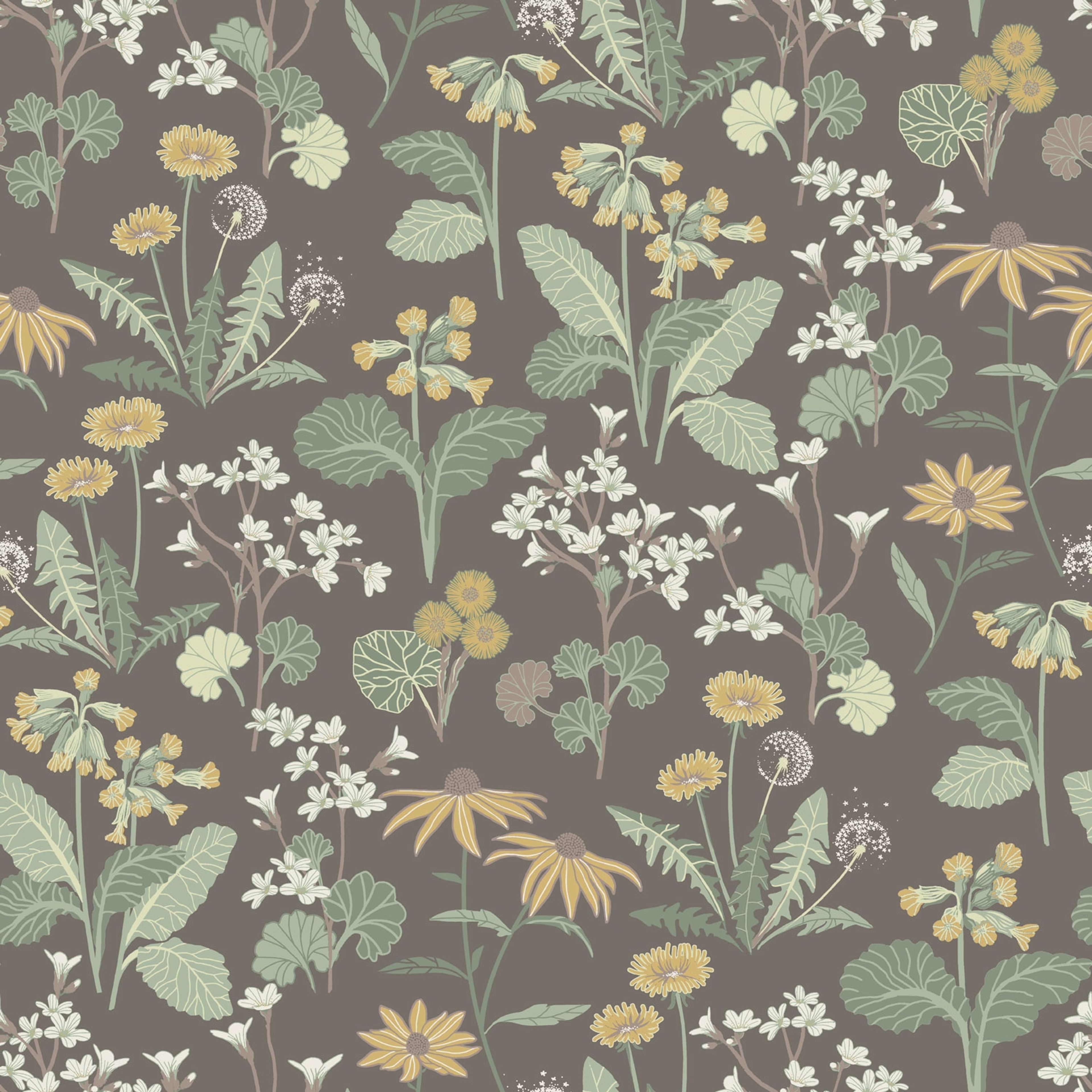 Magdalena, mörkbrun tapet tapet med blommigt mönster i brun. Från kollektionen Örtagård. Nonwoven-material med rak passning.