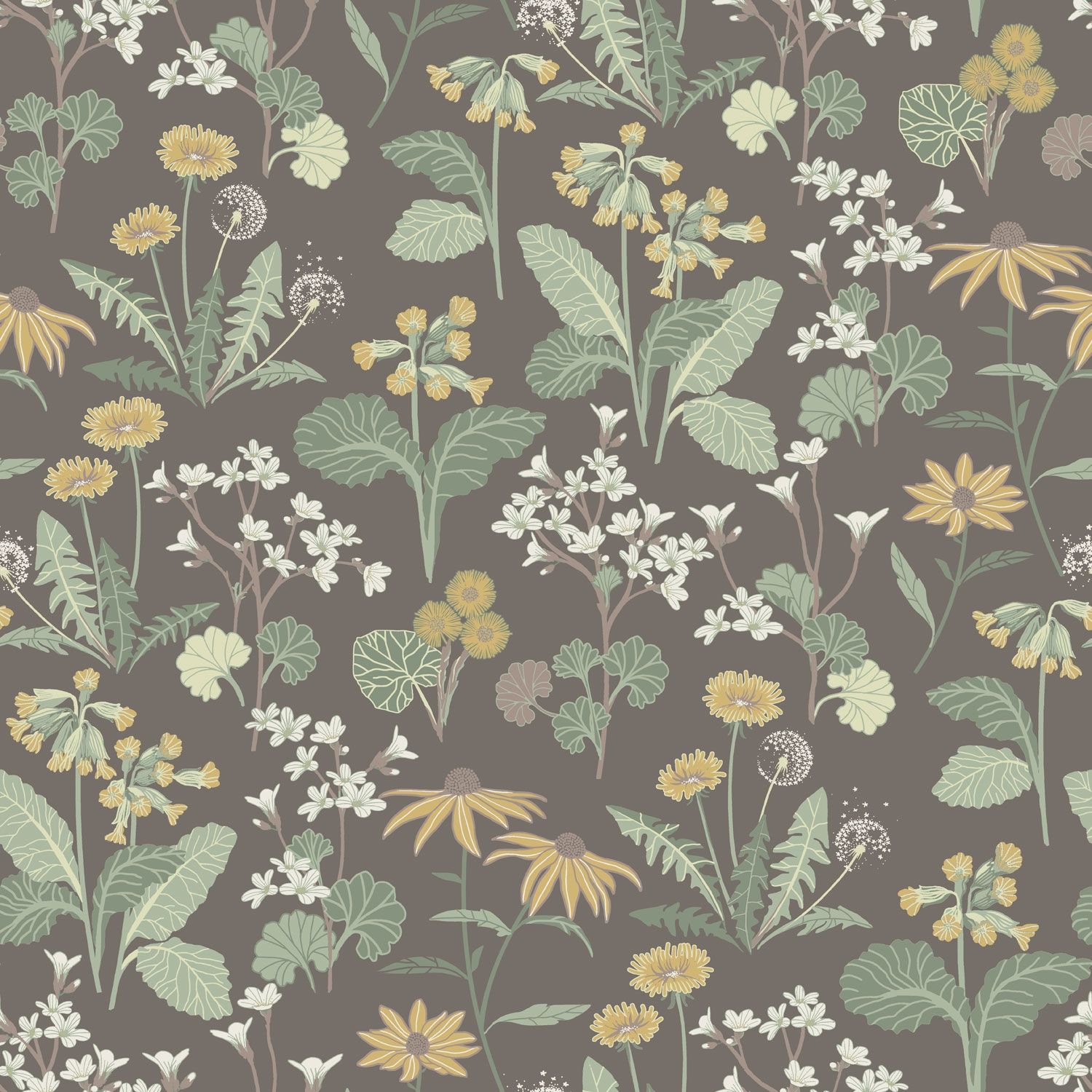 Magdalena, mörkbrun tapet tapet med blommigt mönster i brun. Från kollektionen Örtagård. Nonwoven-material med rak passning.