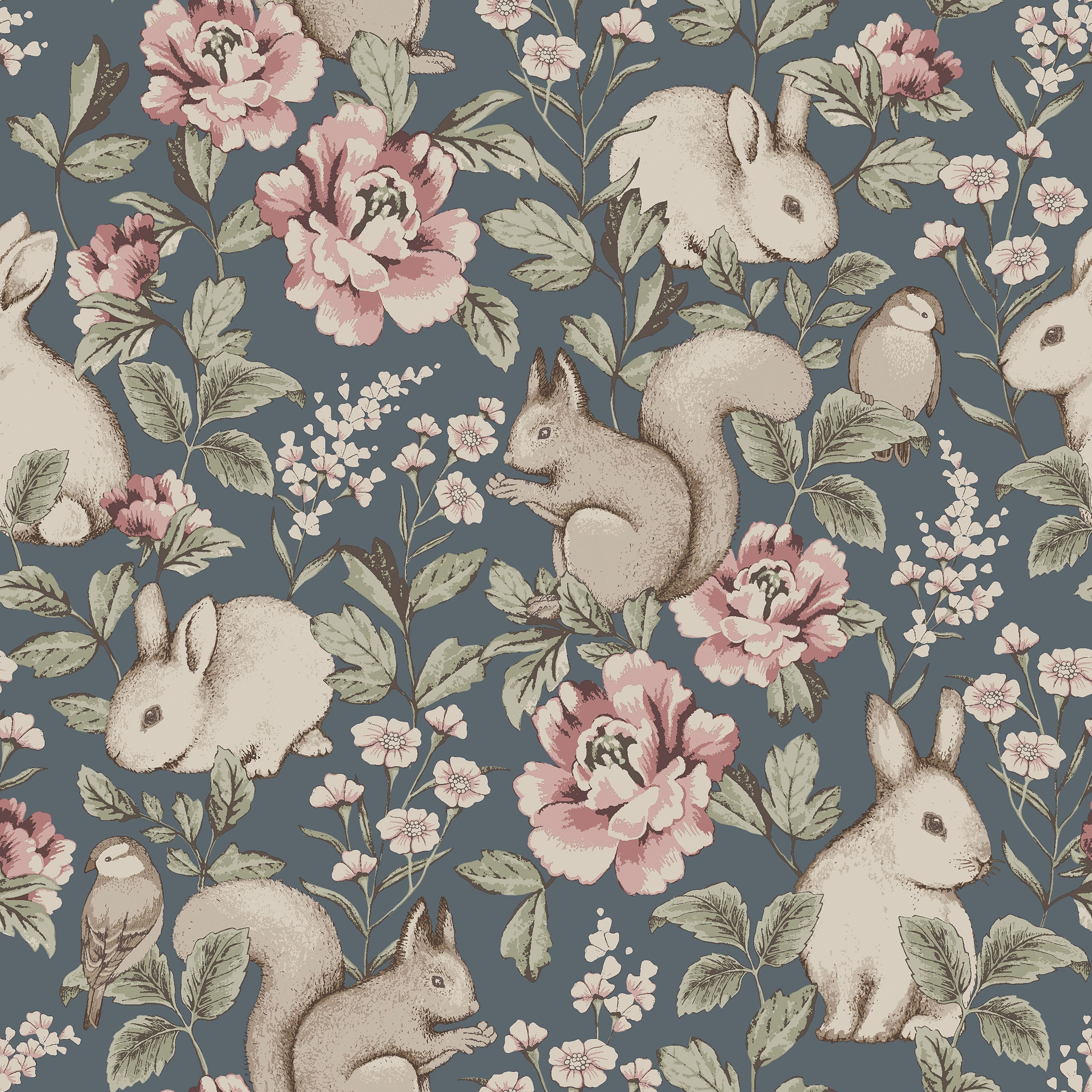 Magic Forest blå, tapet tapet med djur, blommigt, barnrum mönster i blå. Från kollektionen Newbie II Wallpaper. Nonwoven-material med rak passning. Passar i barnrum.