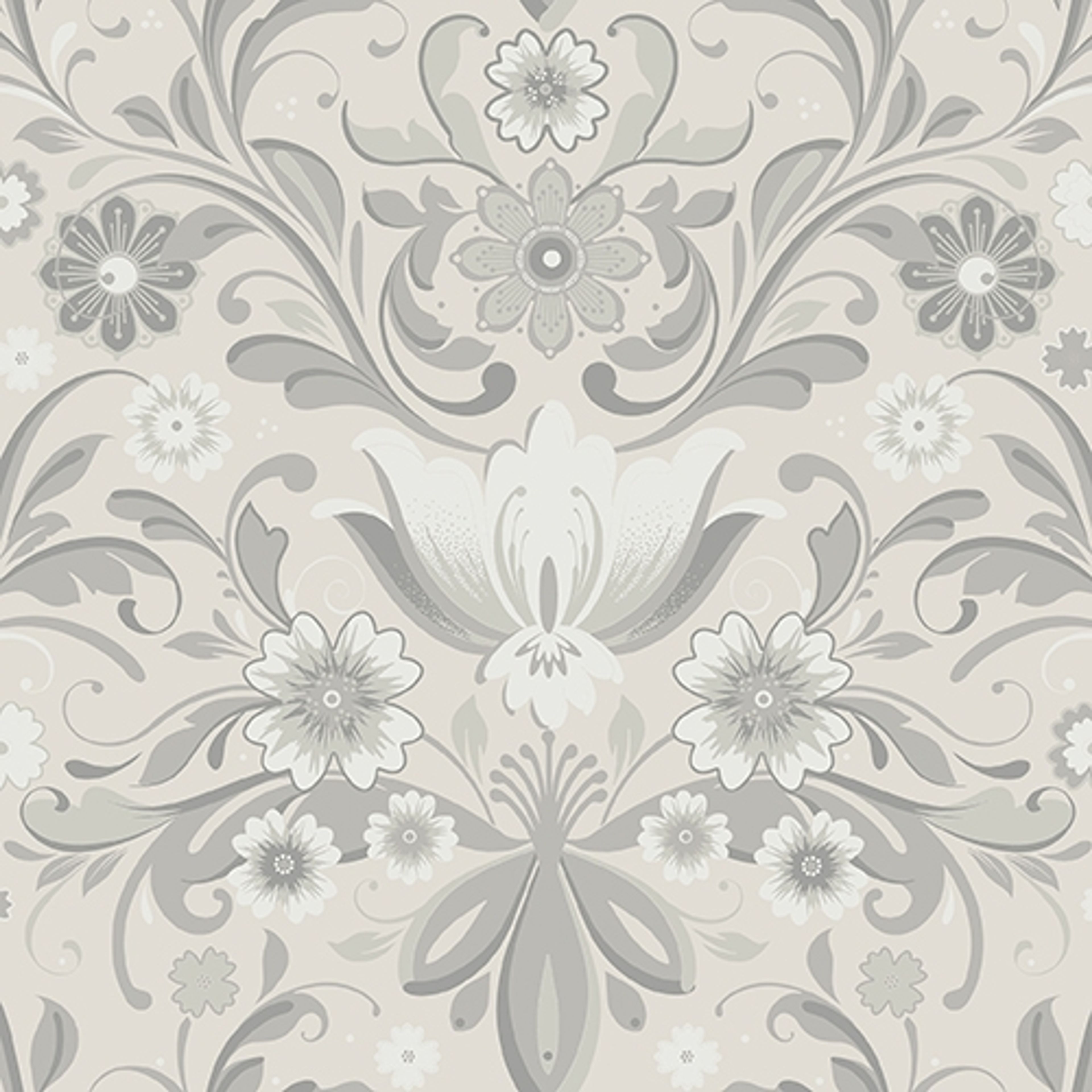 Sunnanö Österskär, gråbeige tapet med blommigt mönster i beige. Från kollektionen Sunnanö. Nonwoven-material med förskjuten passning.