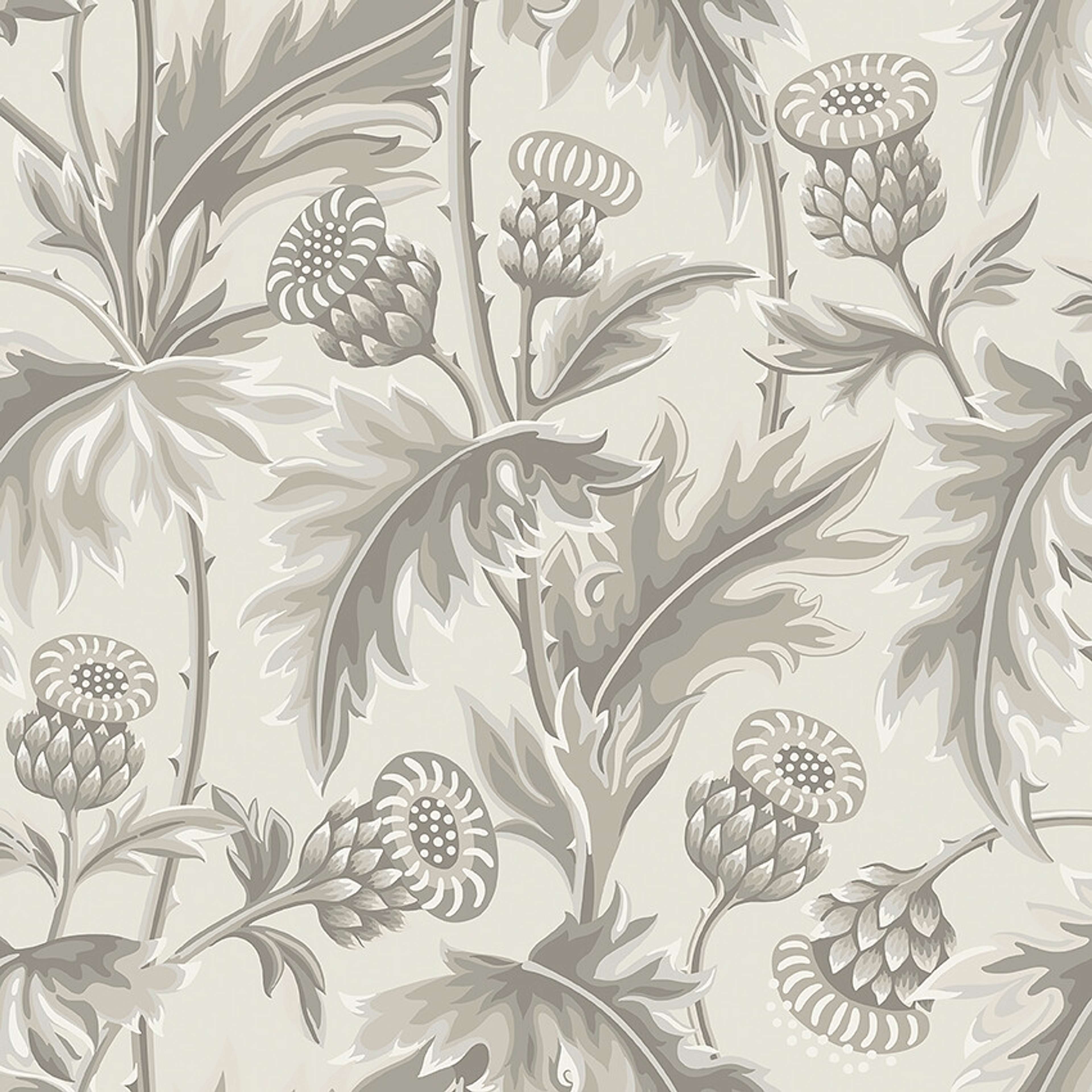 Treasured Thistle tapet i varma grå toner tapet med botaniskt, blommigt mönster i grå. Från kollektionen Treasured. Nonwoven-material med förskjuten passning. Passar i kök, hall och arbetsrum.