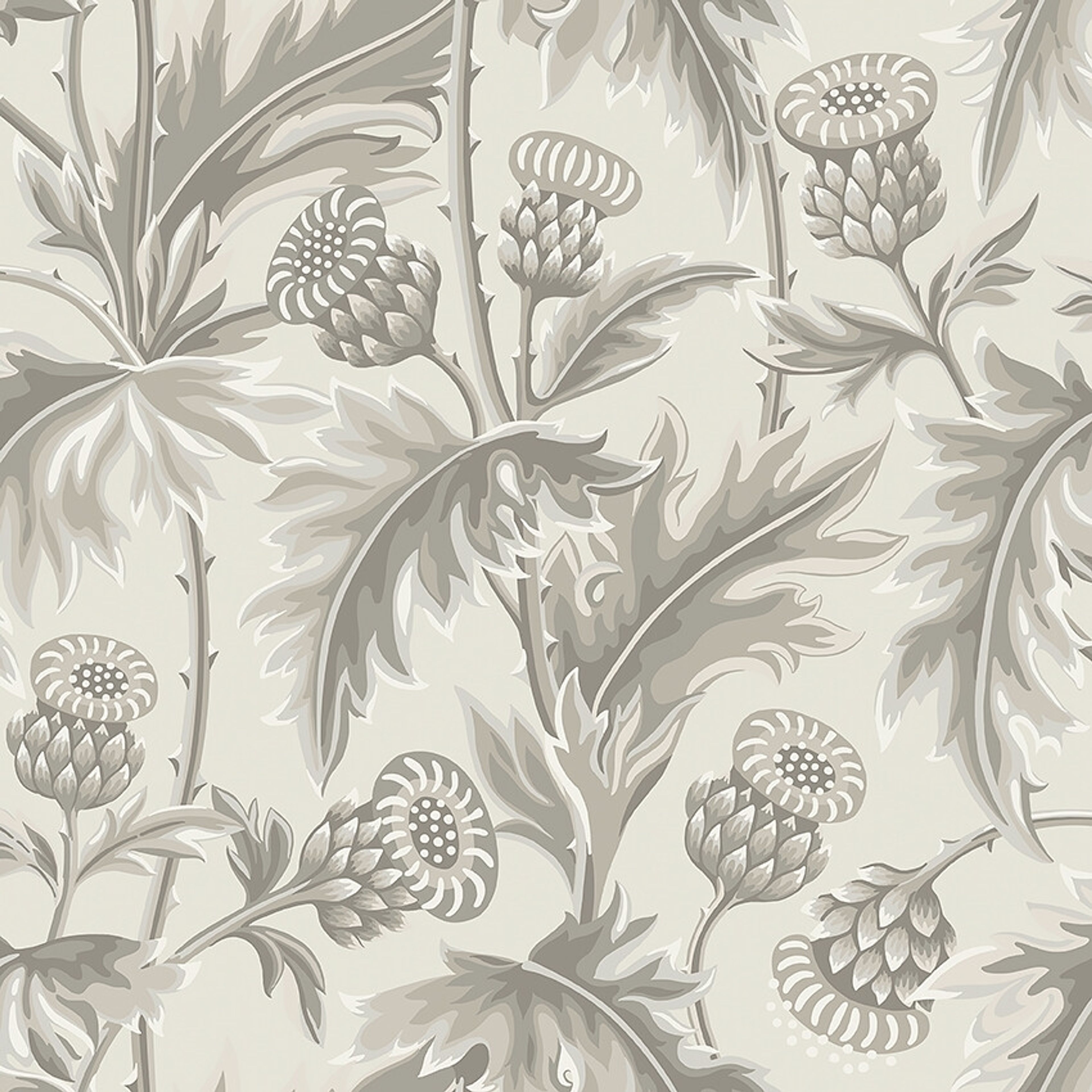 Treasured Thistle tapet i varma grå toner tapet med botaniskt, blommigt mönster i grå. Från kollektionen Treasured. Nonwoven-material med förskjuten passning. Passar i kök, hall och arbetsrum.