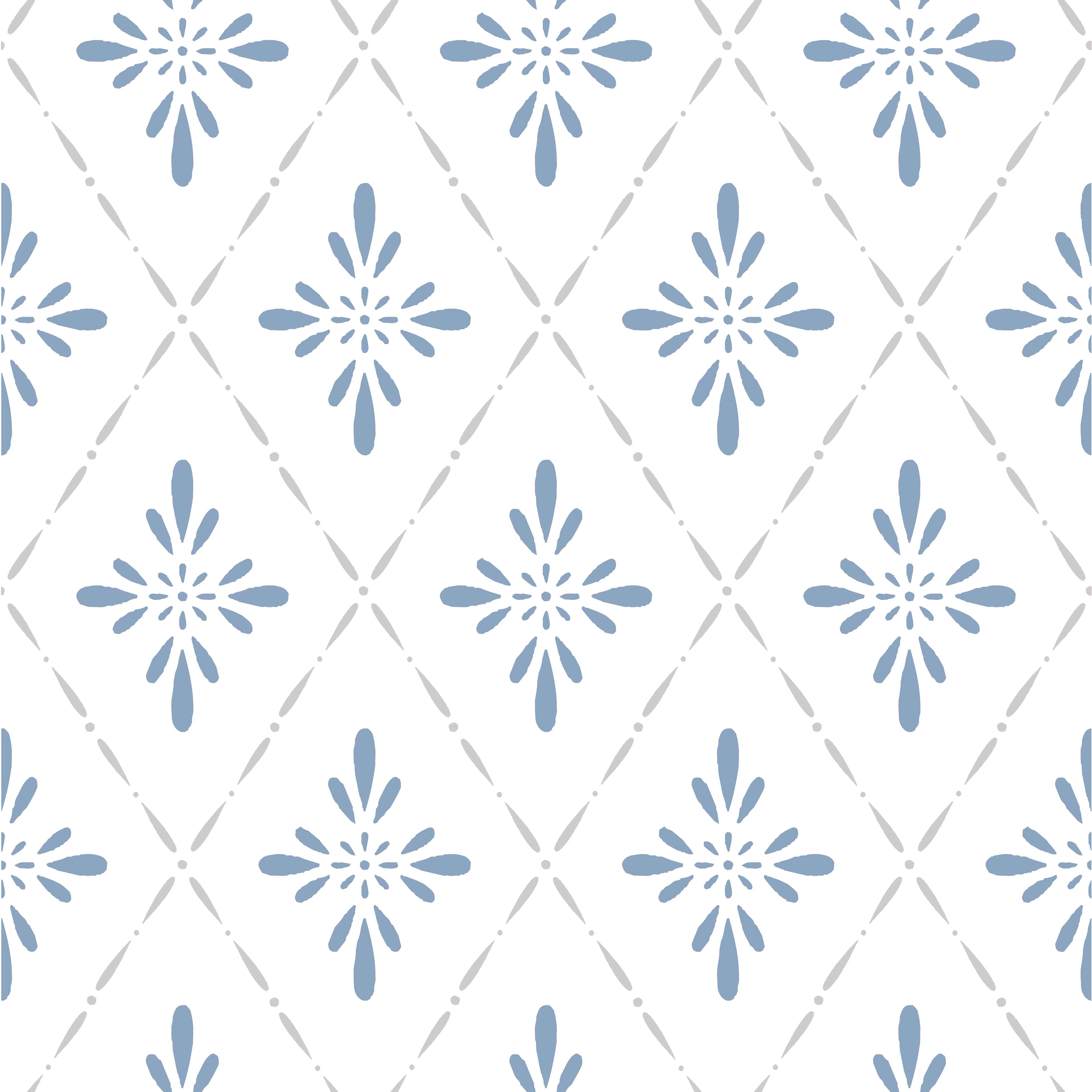 Ljungbacka, blå tapet från duro med geometriskt mönster i vit och blå. Från kollektionen Duro 1900. Nonwoven-material med rak mönsterpassning. Country-stil.