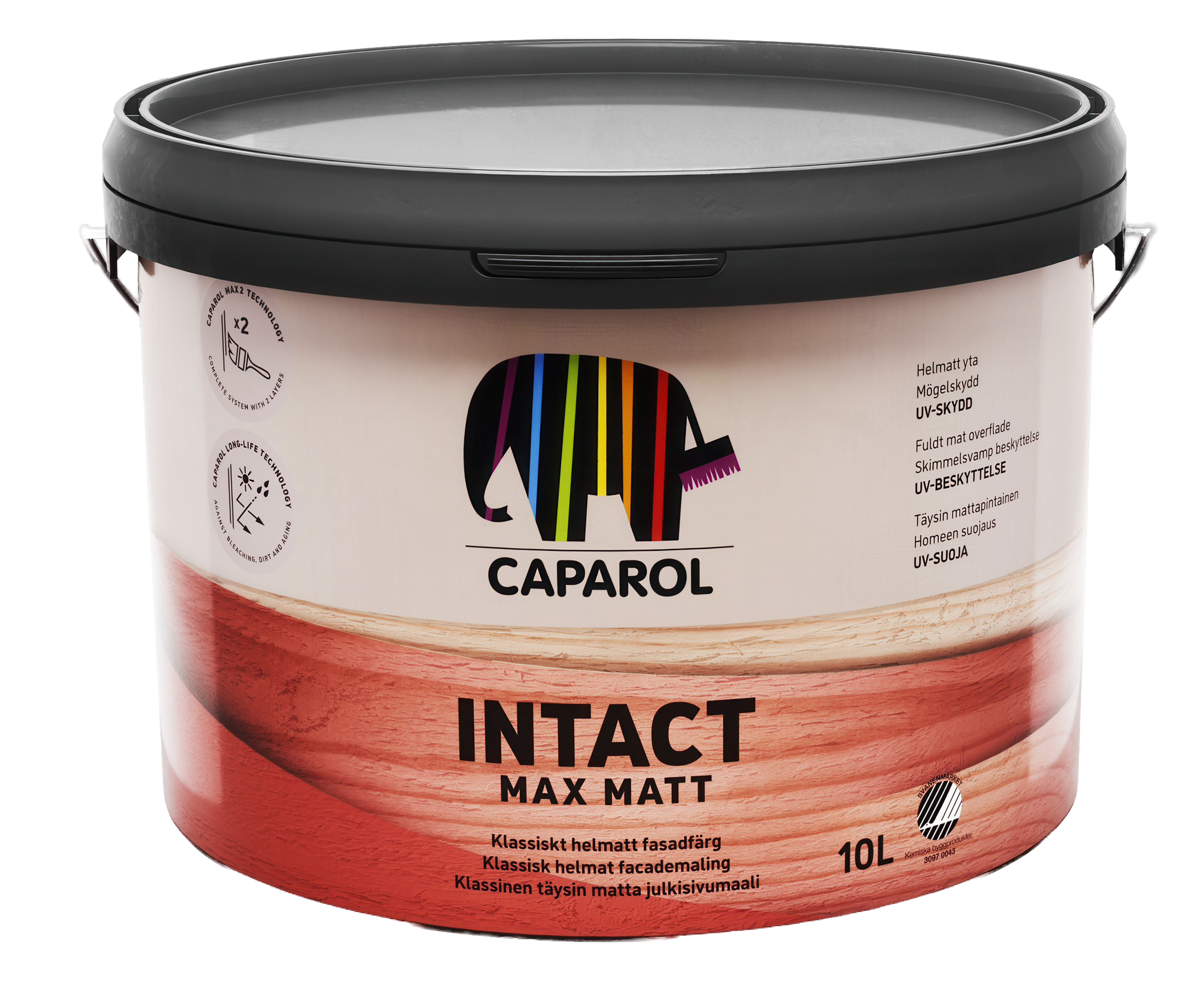 A white 10L bucket of Caparol Intact Max Matt paint, featuring an elephant logo with colorful stripes and a wood-grain texture on the label.