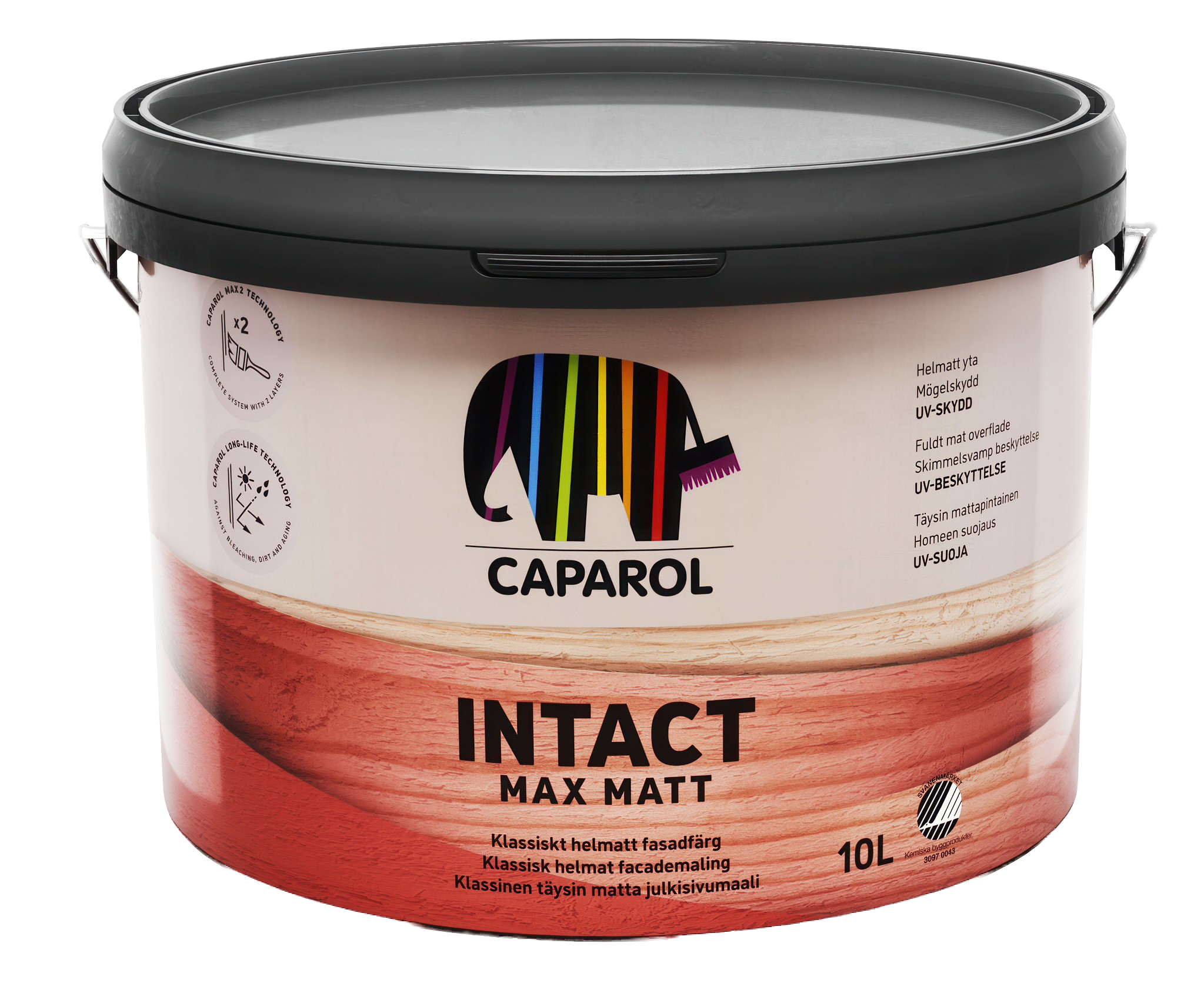 A white 10L bucket of Caparol Intact Max Matt paint, featuring an elephant logo with colorful stripes and a wood-grain texture on the label.