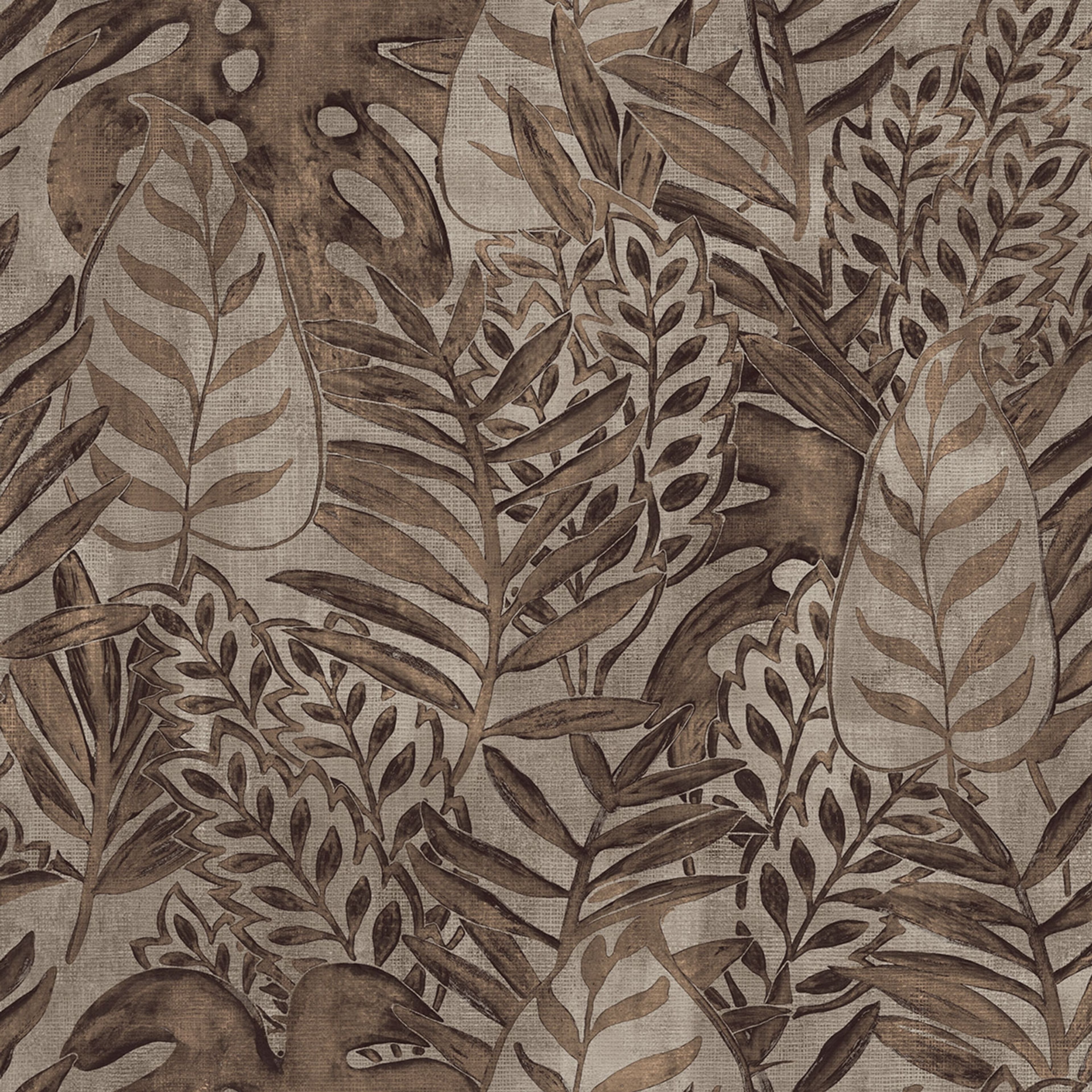 Tropical Allover tapet med botaniskt mönster i brun. Från kollektionen Tahiti. Nonwoven-material med förskjuten passning. Passar i vardagsrum, matsal och hall.
