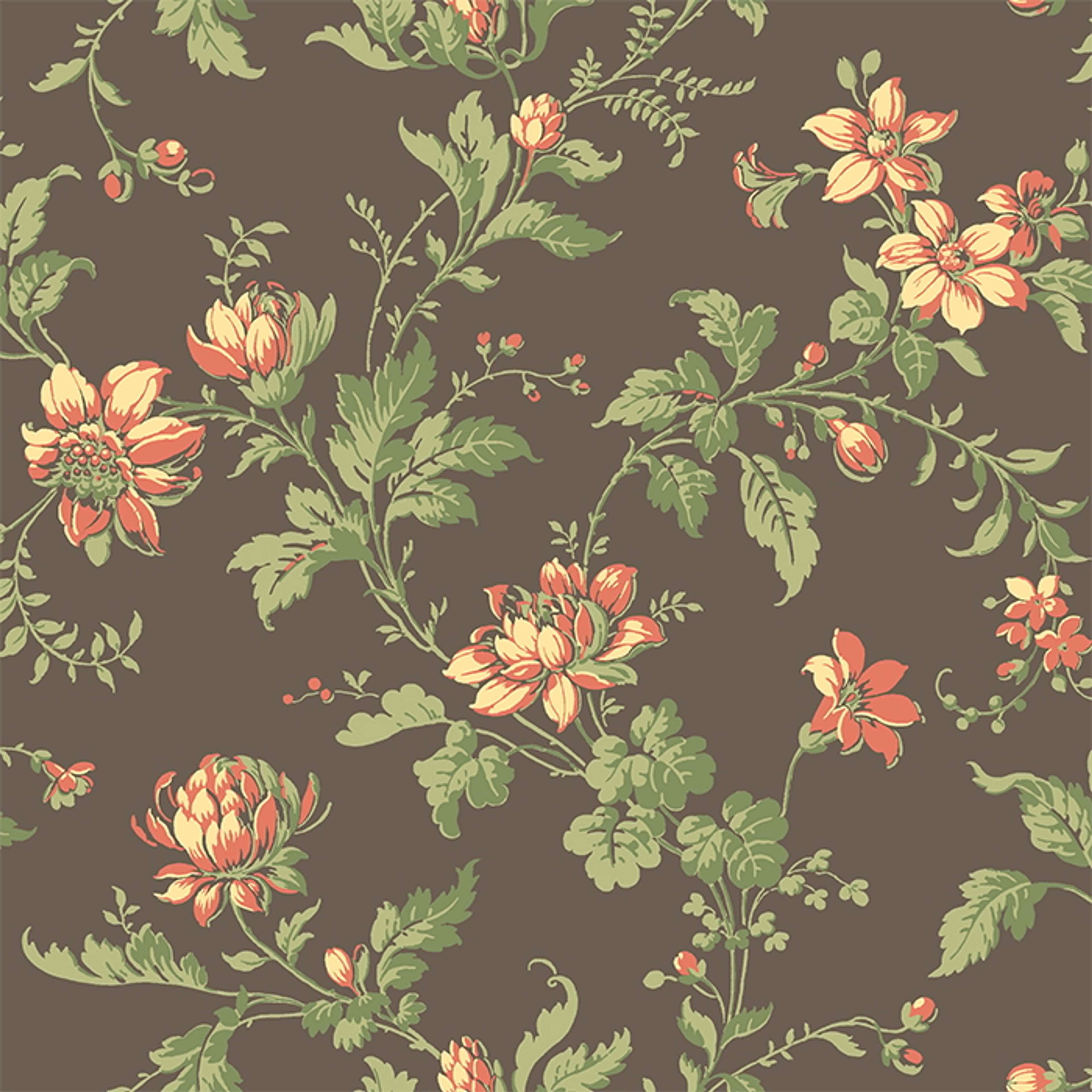 Blomslinga, brungrå botten tapet från Boråstapeter med blommigt mönster i grön och brun. Från kollektionen anno. Nonwoven-material med förskjuten passning. Country, city-stil. Passar i sovrum och matsal.
