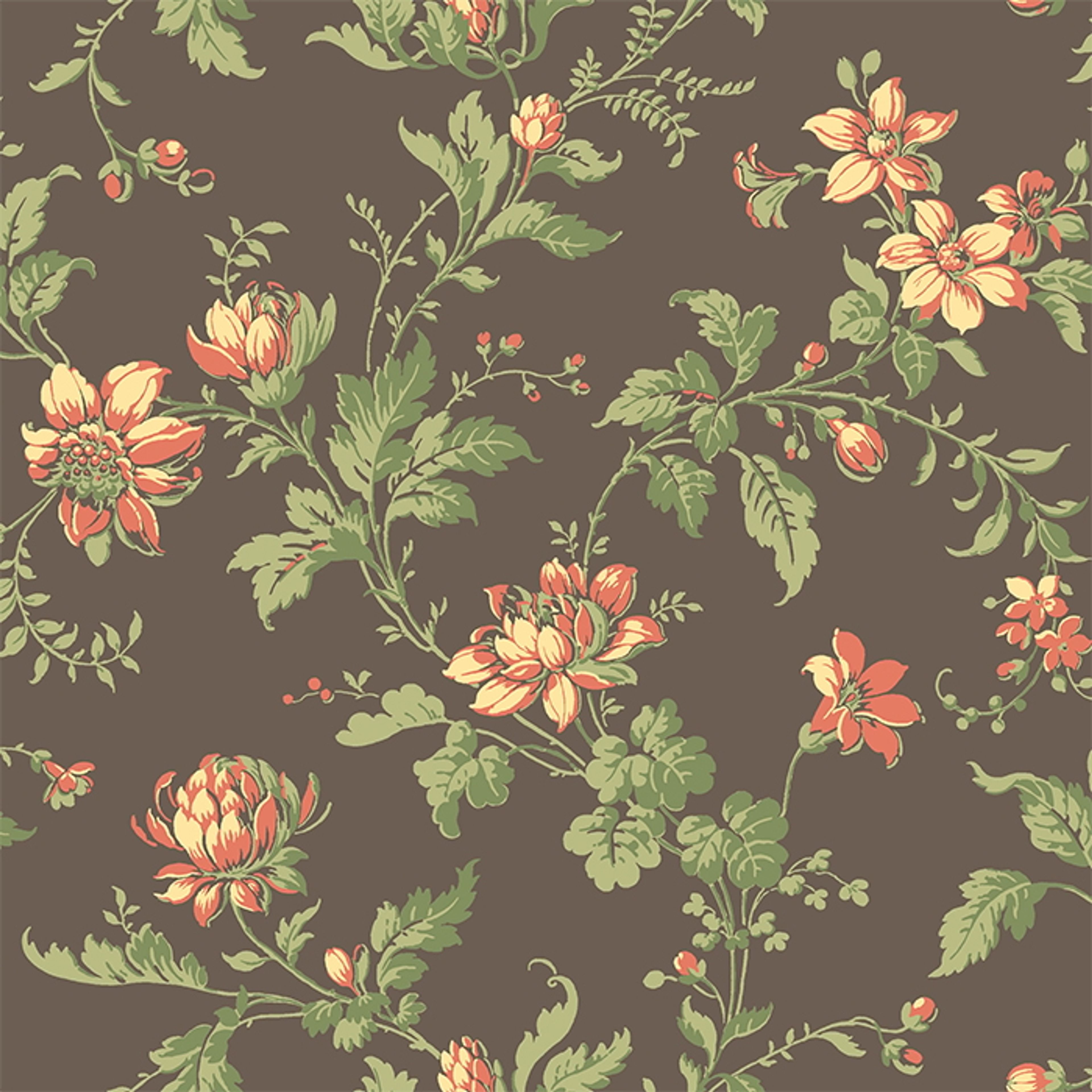 Blomslinga, brungrå botten tapet från Boråstapeter med blommigt mönster i grön och brun. Från kollektionen anno. Nonwoven-material med förskjuten passning. Country, city-stil. Passar i sovrum och matsal.